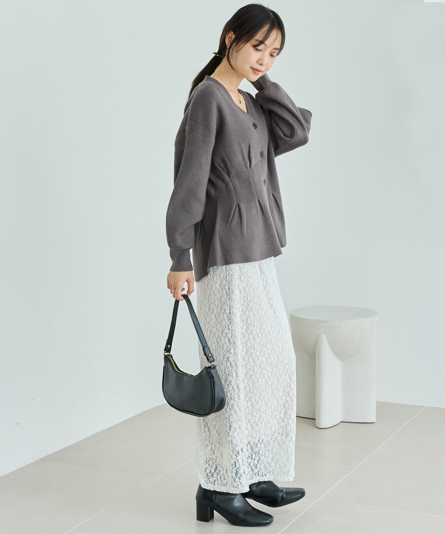 【洗える】ウエストタックニットカーデ