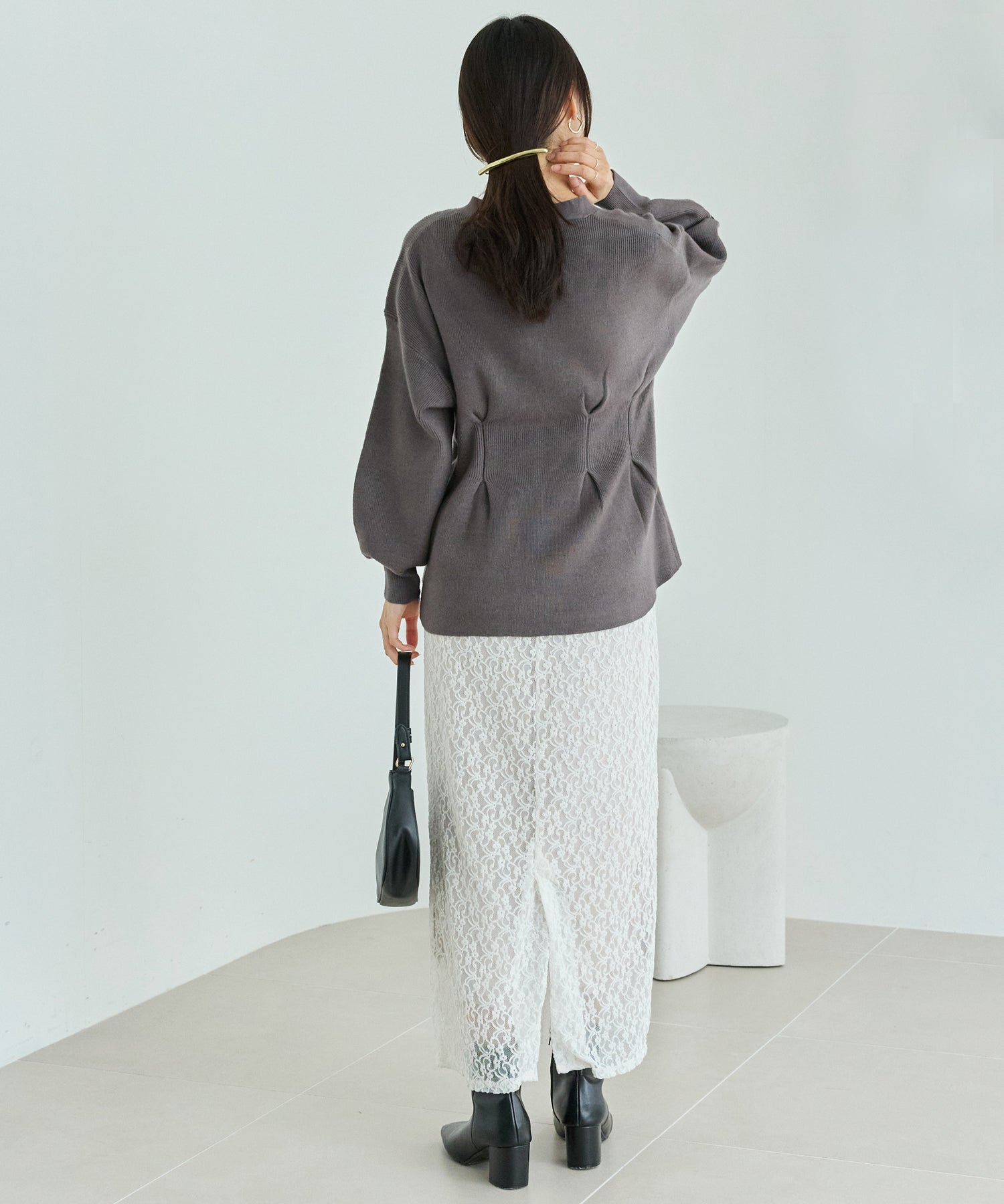 【洗える】ウエストタックニットカーデ