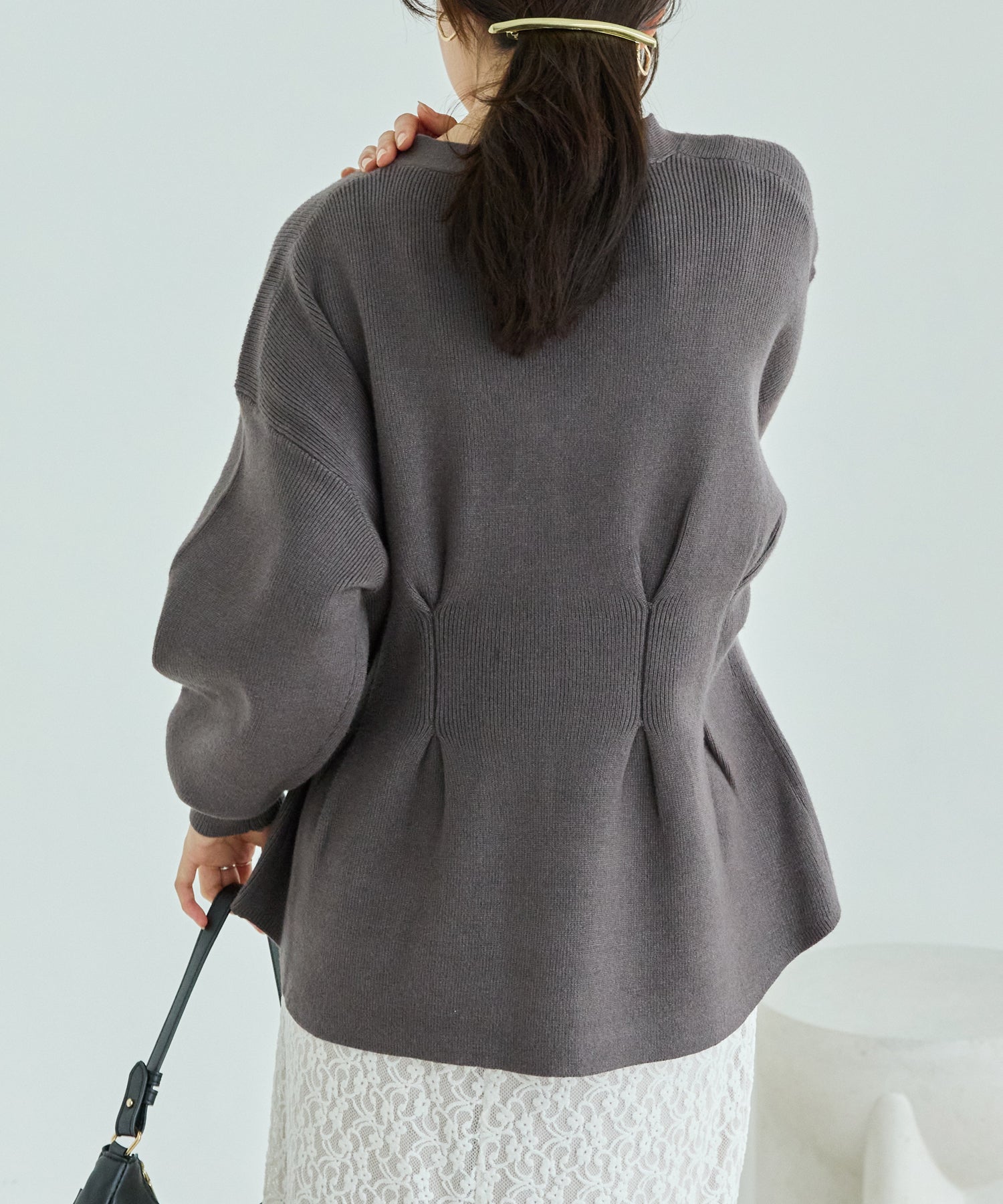 【洗える】ウエストタックニットカーデ