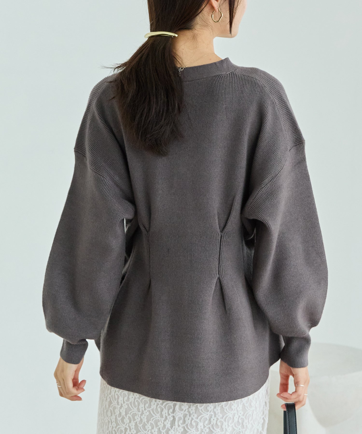 【洗える】ウエストタックニットカーデ