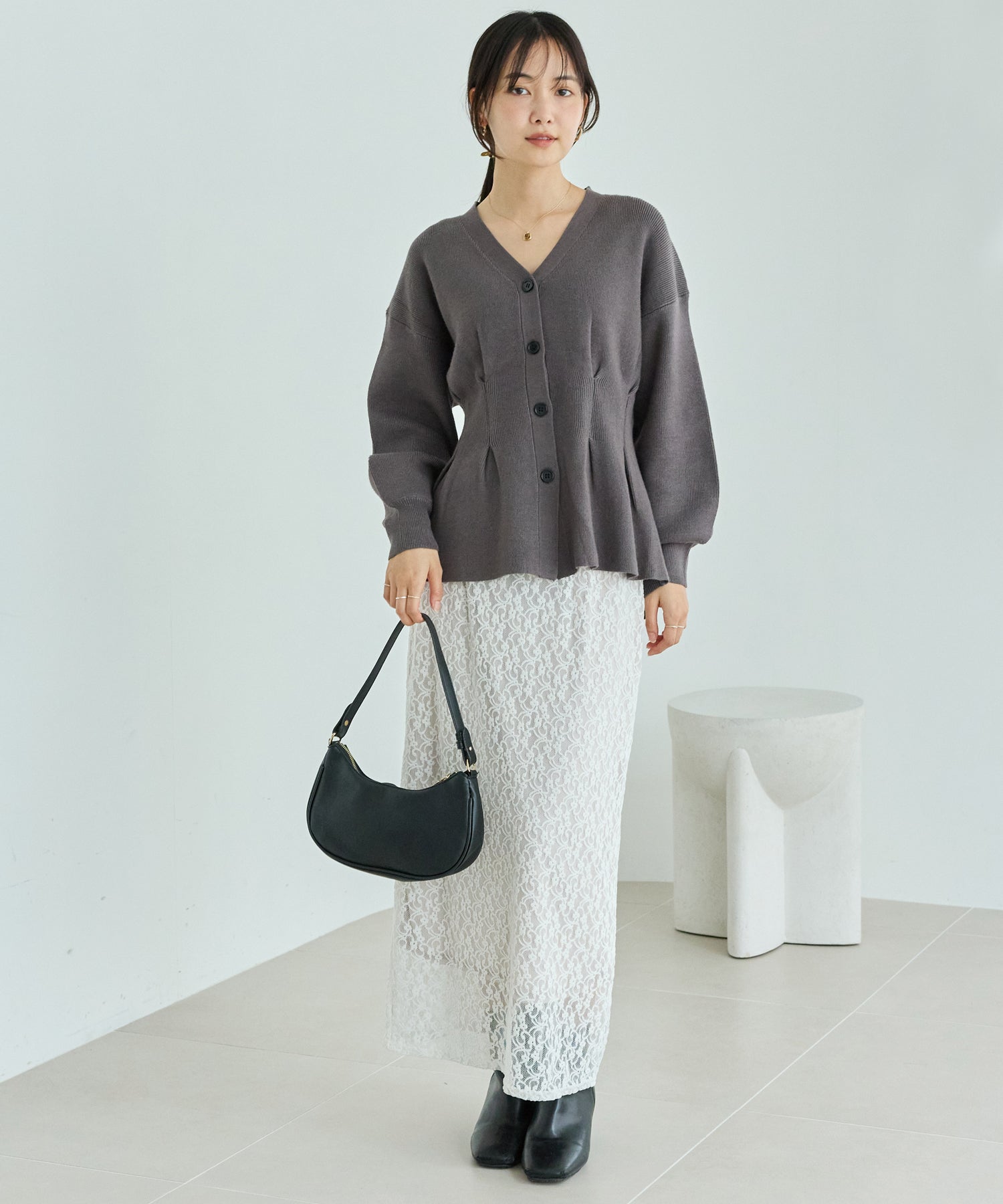 【洗える】ウエストタックニットカーデ