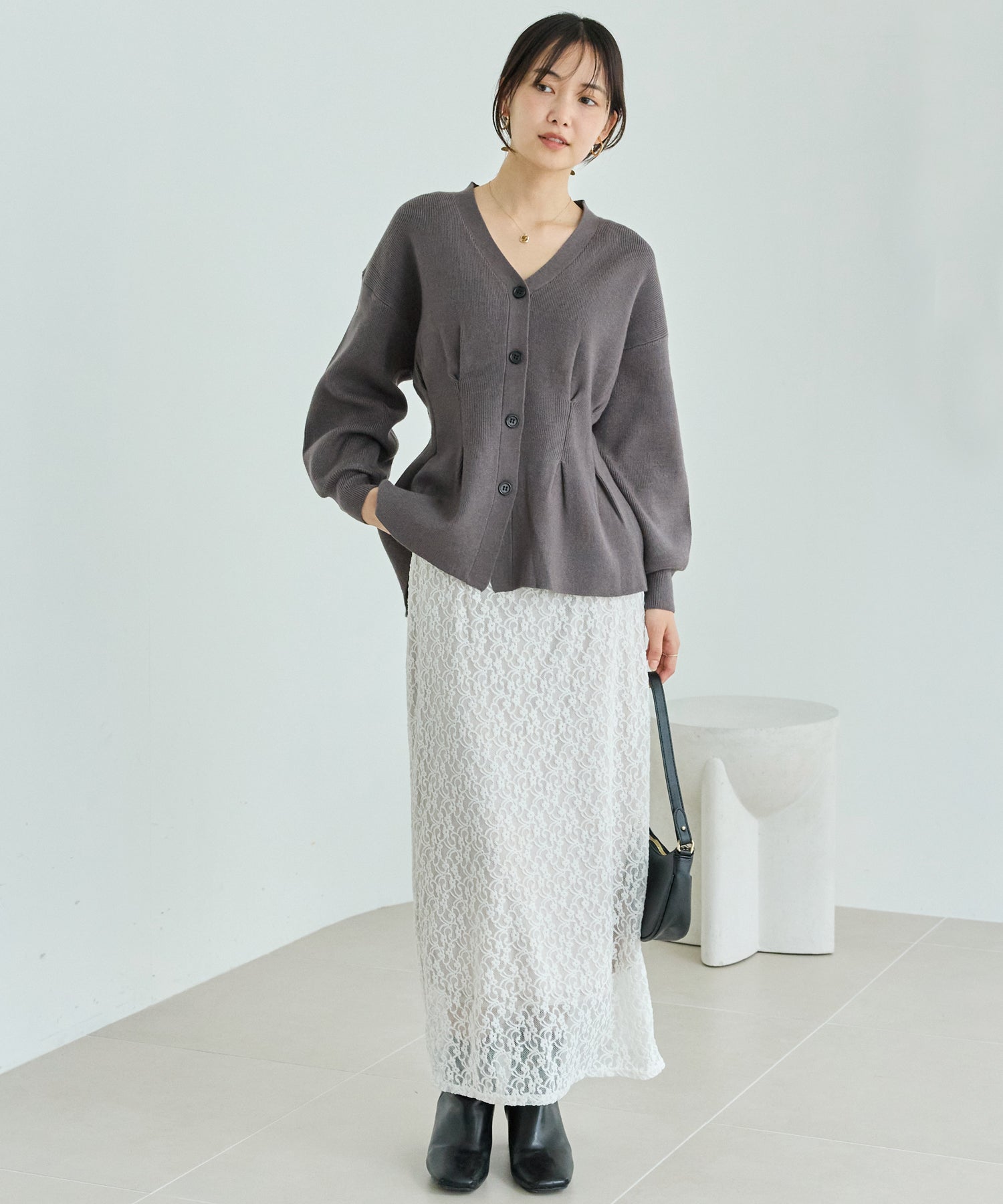 【洗える】ウエストタックニットカーデ