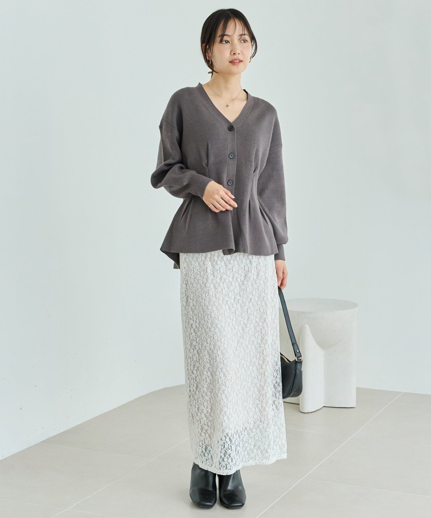 【洗える】ウエストタックニットカーデ