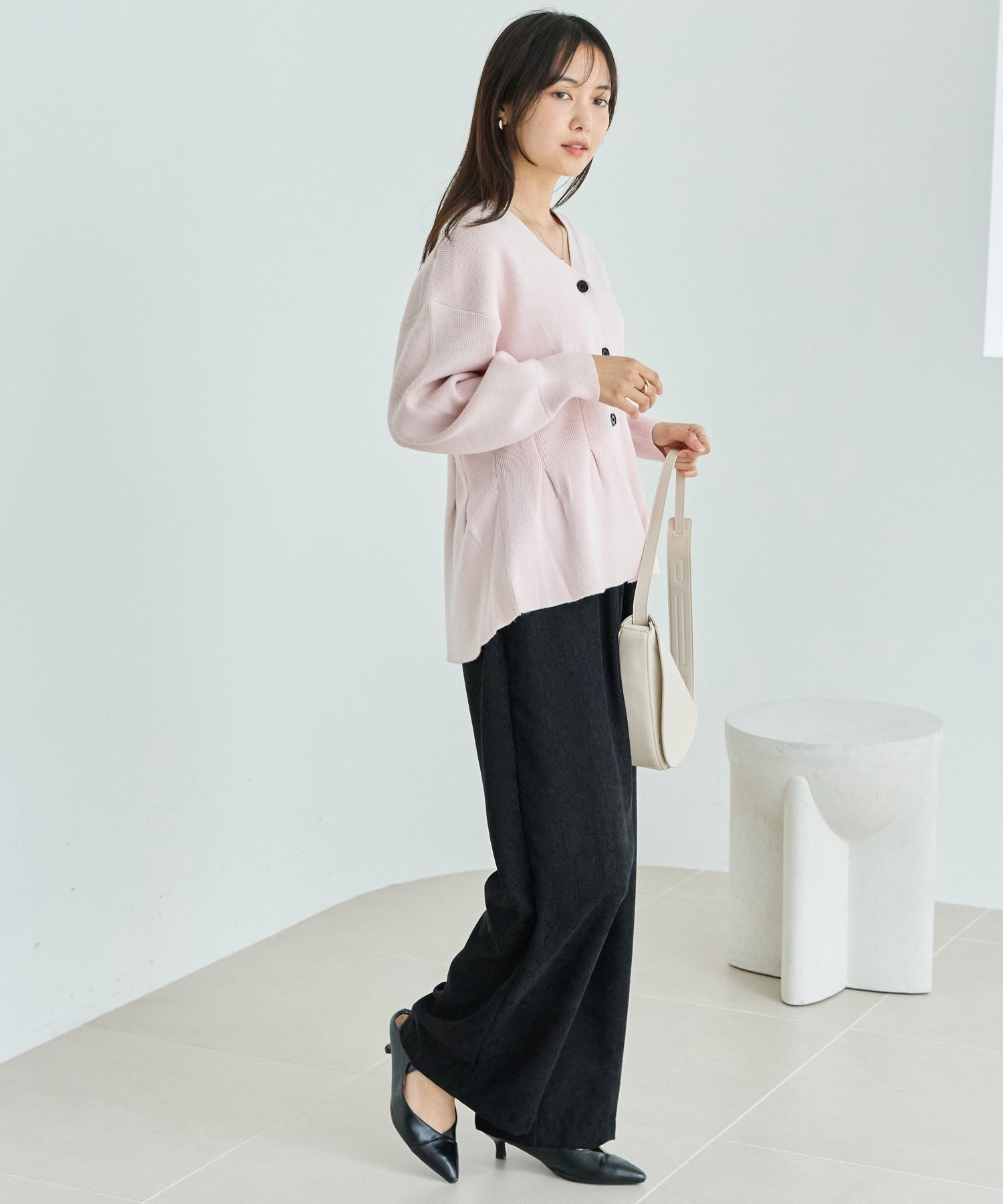 【洗える】ウエストタックニットカーデ