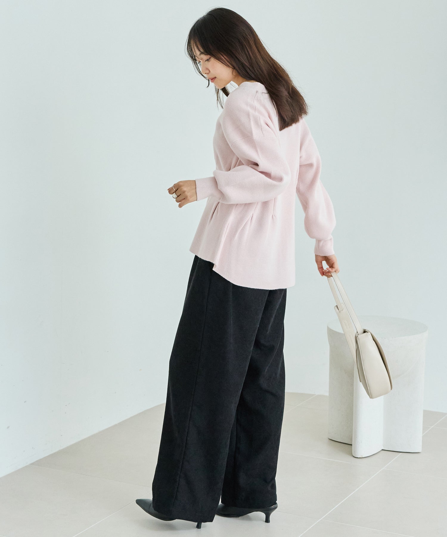 【洗える】ウエストタックニットカーデ