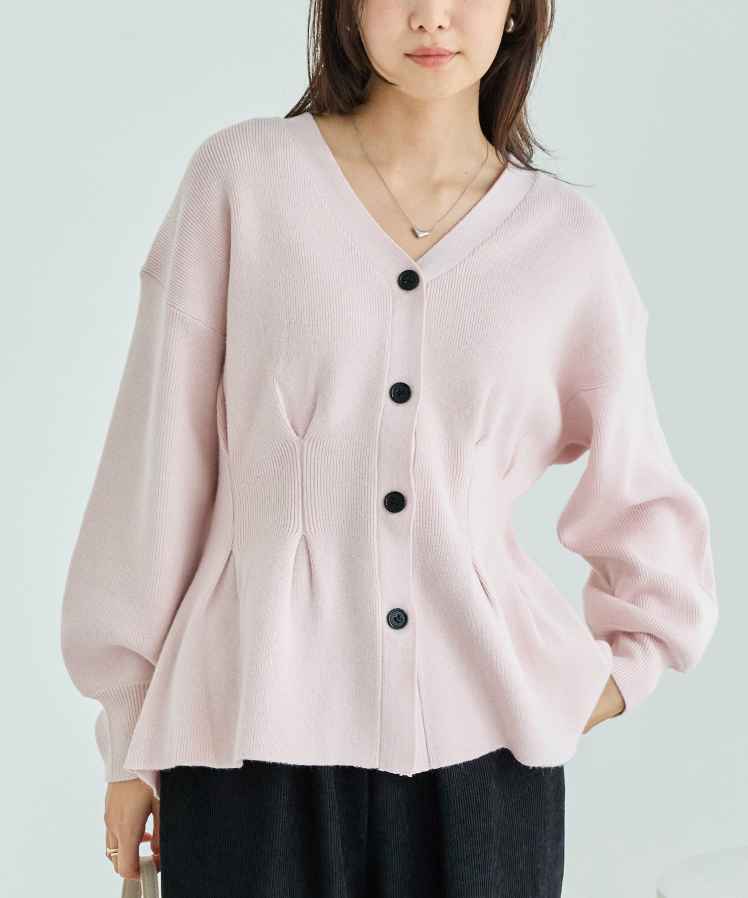 【洗える】ウエストタックニットカーデ