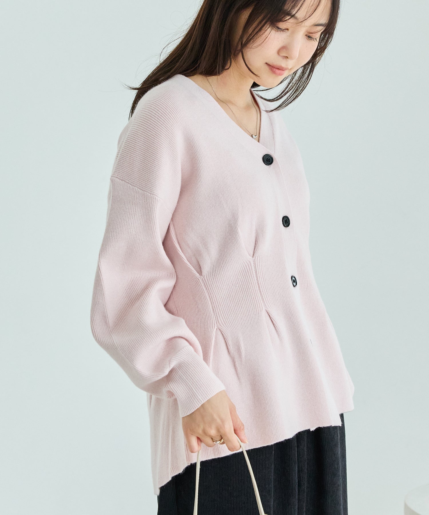 【洗える】ウエストタックニットカーデ