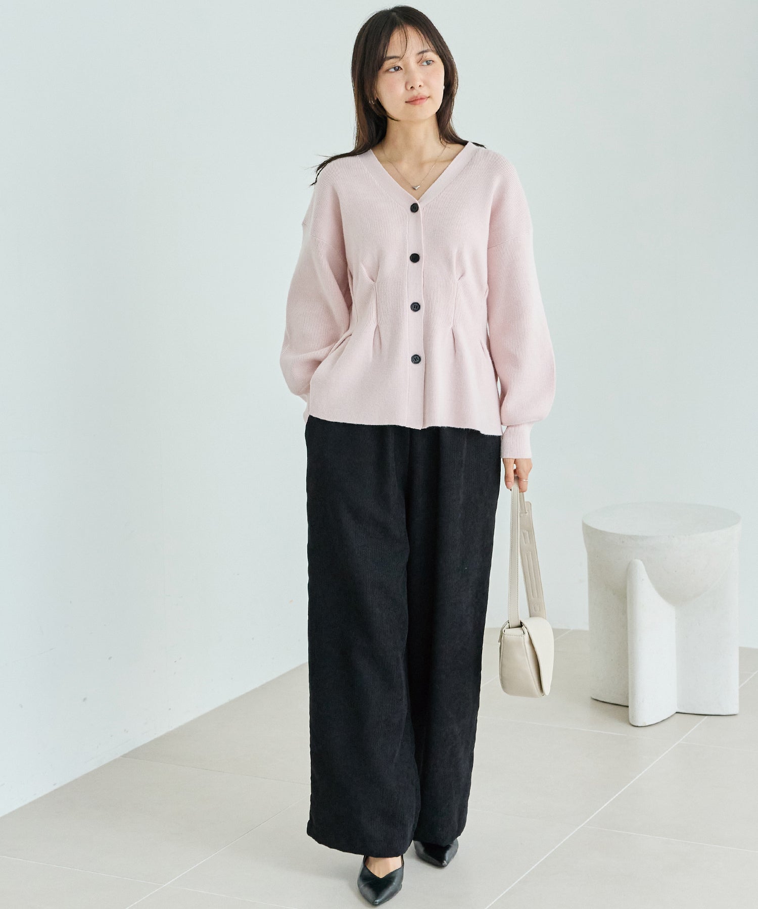 【洗える】ウエストタックニットカーデ