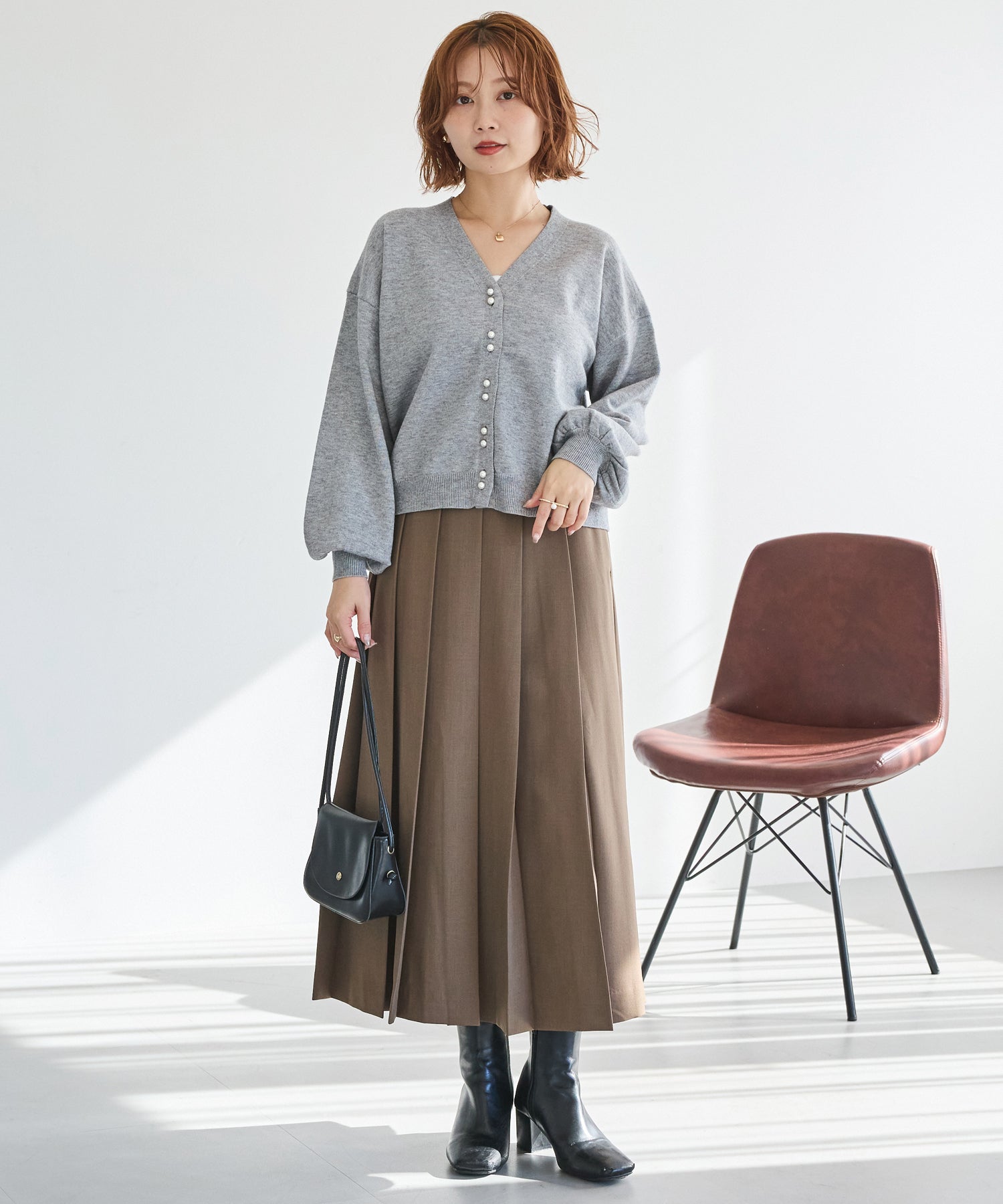 【洗える】ダブルパールニットカーデ