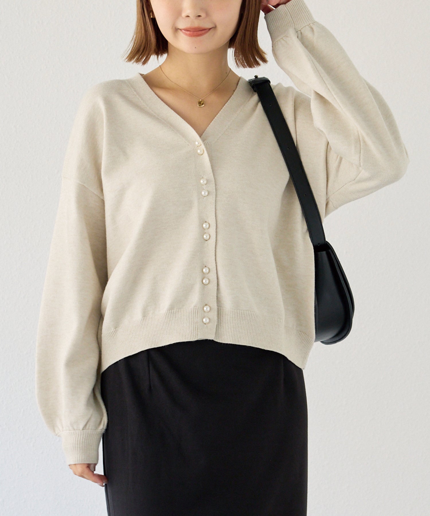 【洗える】ダブルパールニットカーデ