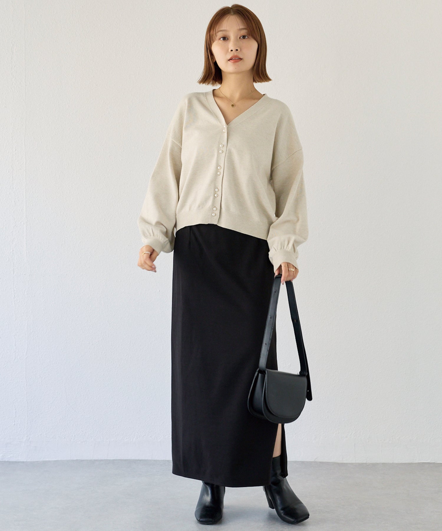 【洗える】ダブルパールニットカーデ