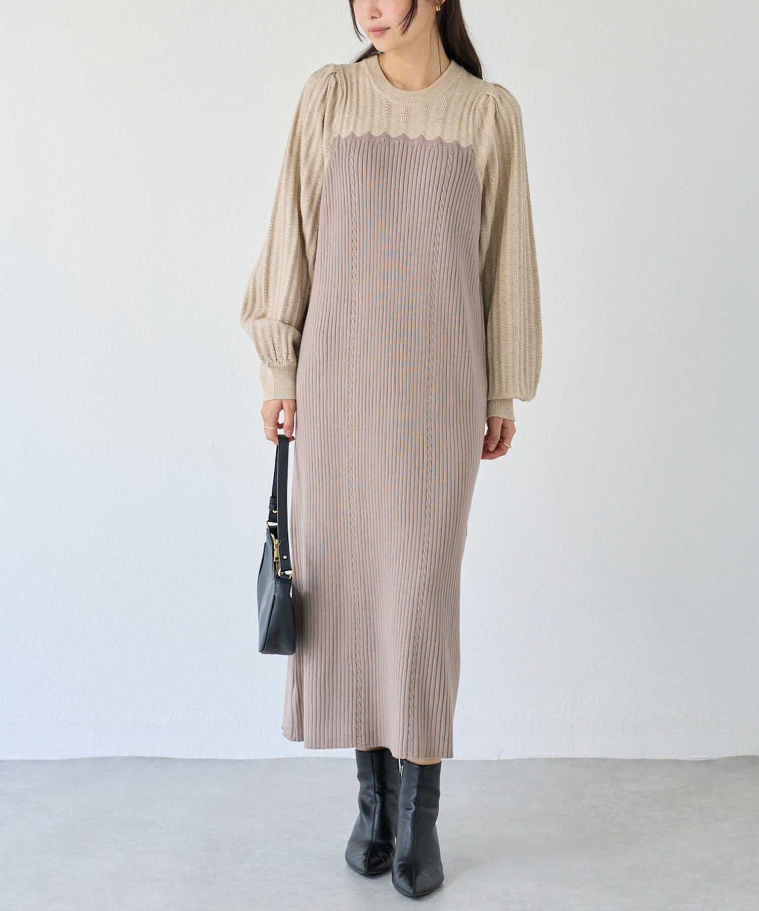 【洗える】透かし編み切替ニットワンピース