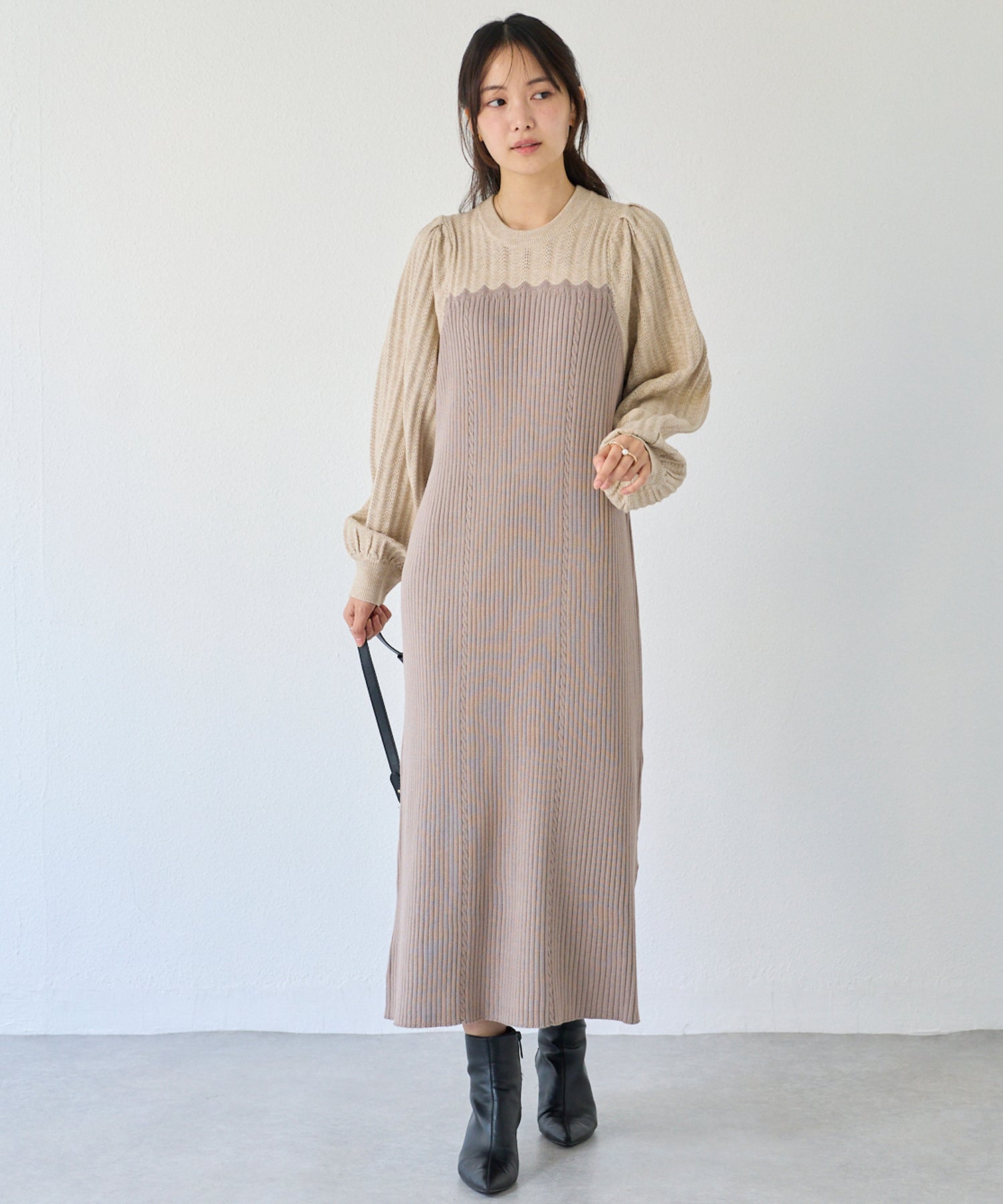【洗える】透かし編み切替ニットワンピース