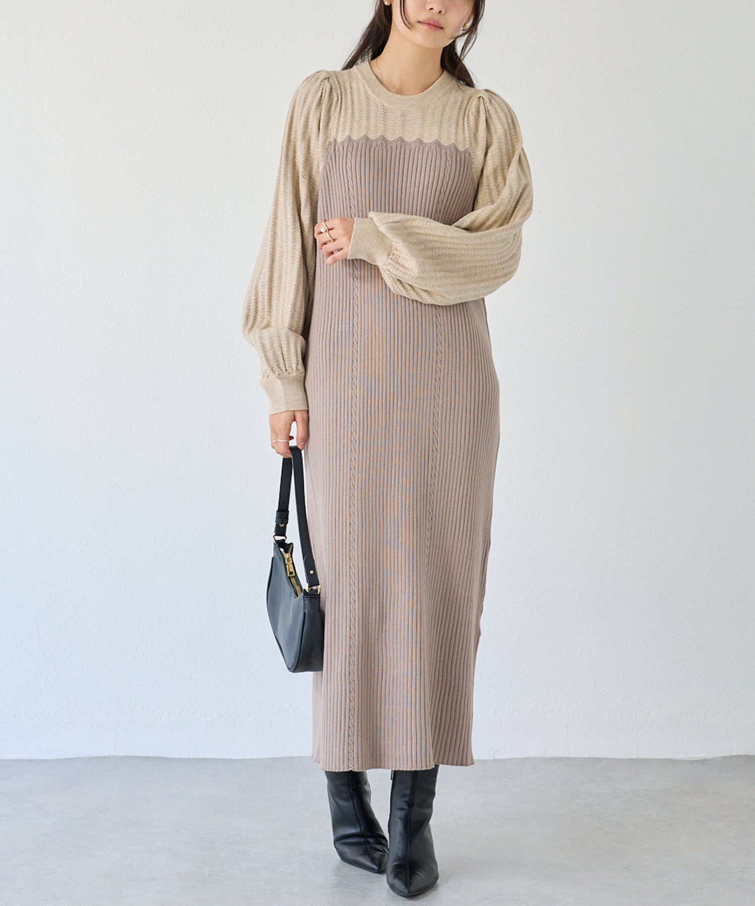 【洗える】透かし編み切替ニットワンピース