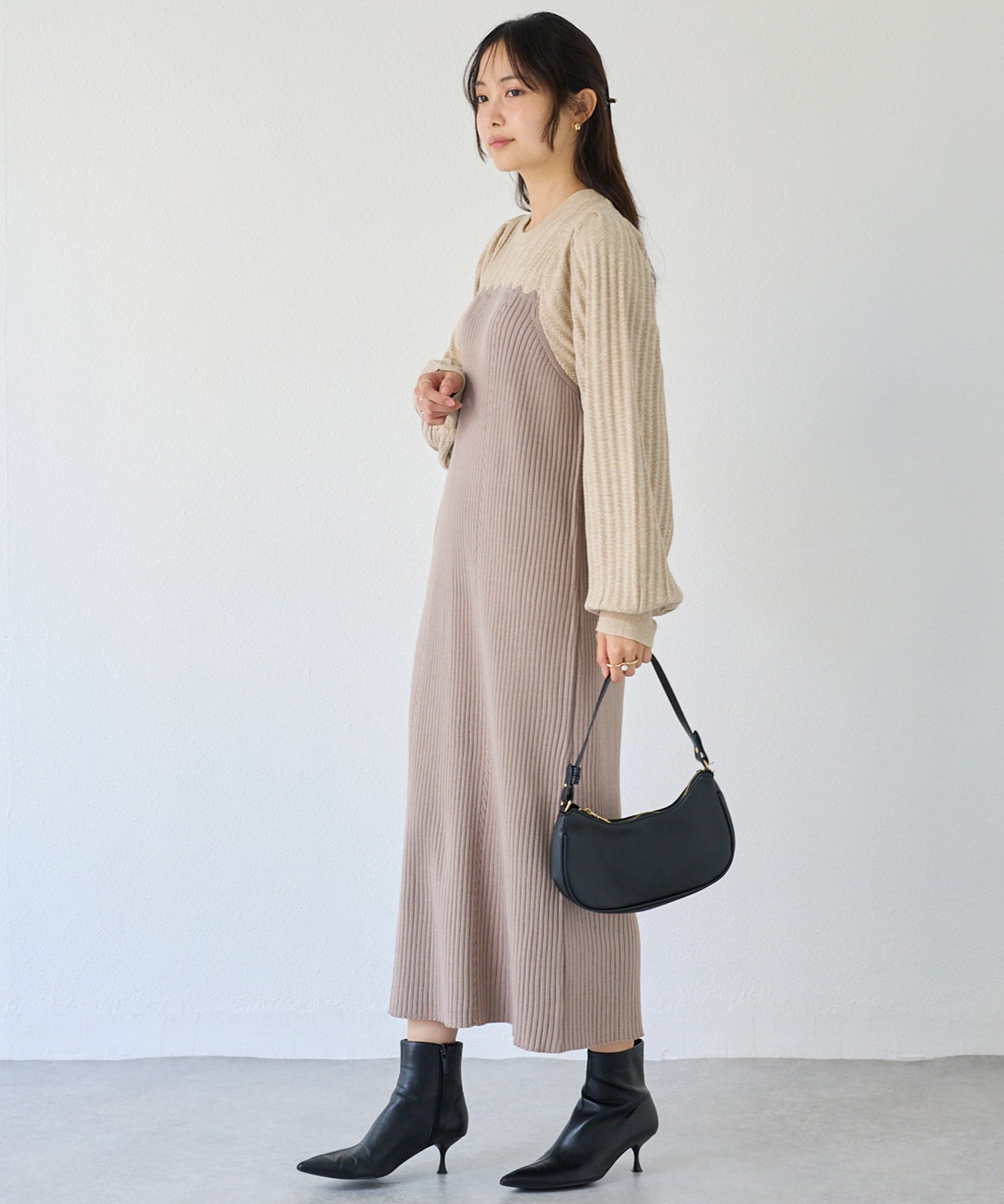 【洗える】透かし編み切替ニットワンピース