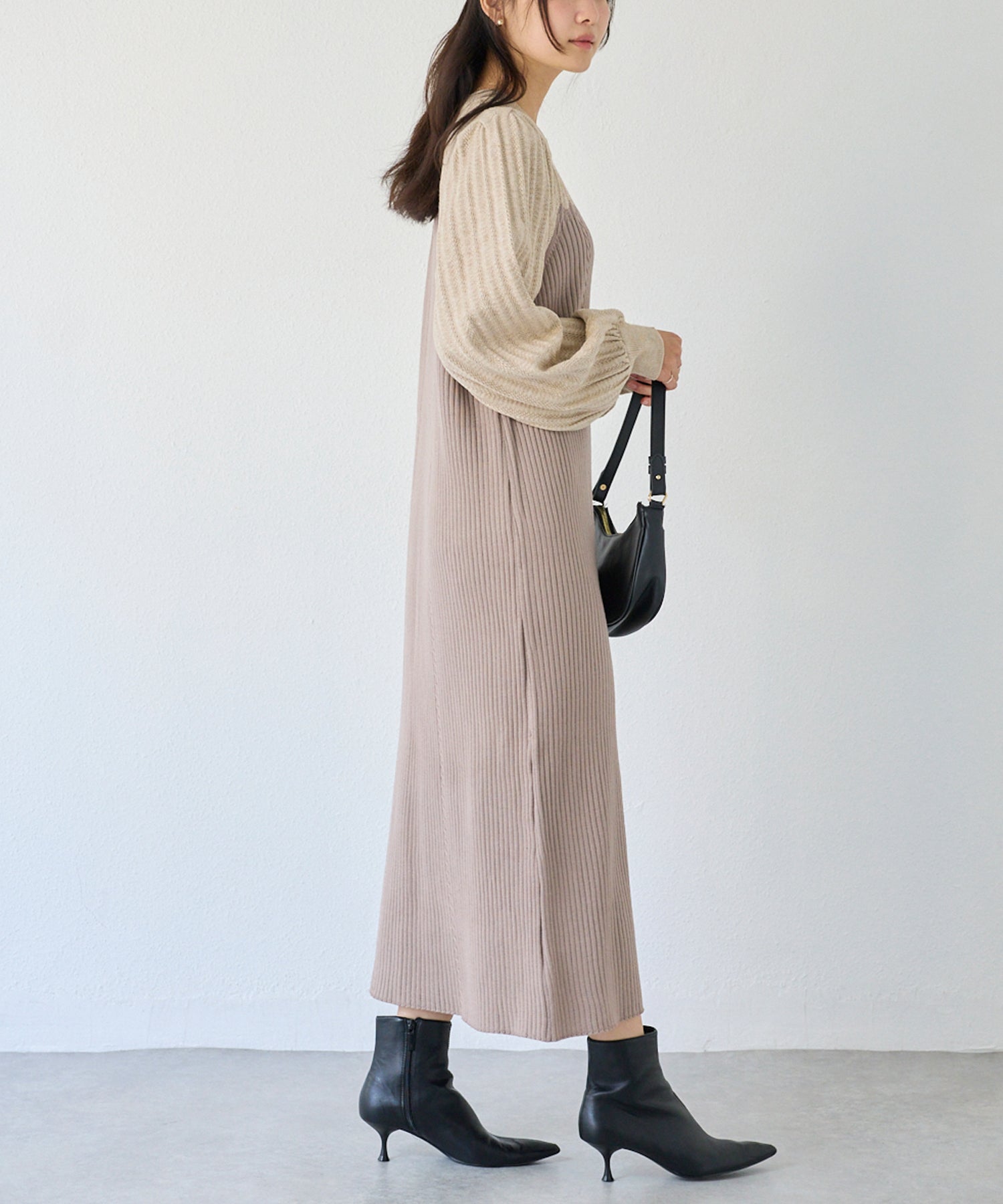 【洗える】透かし編み切替ニットワンピース