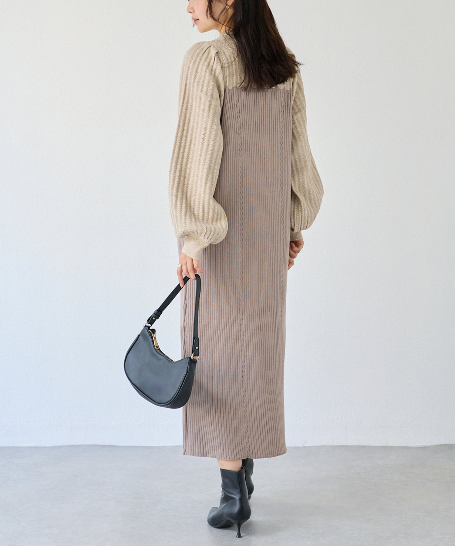 【洗える】透かし編み切替ニットワンピース