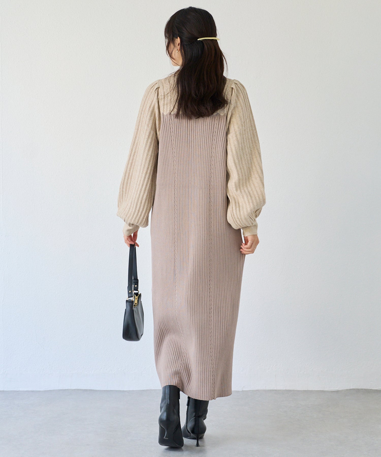 【洗える】透かし編み切替ニットワンピース