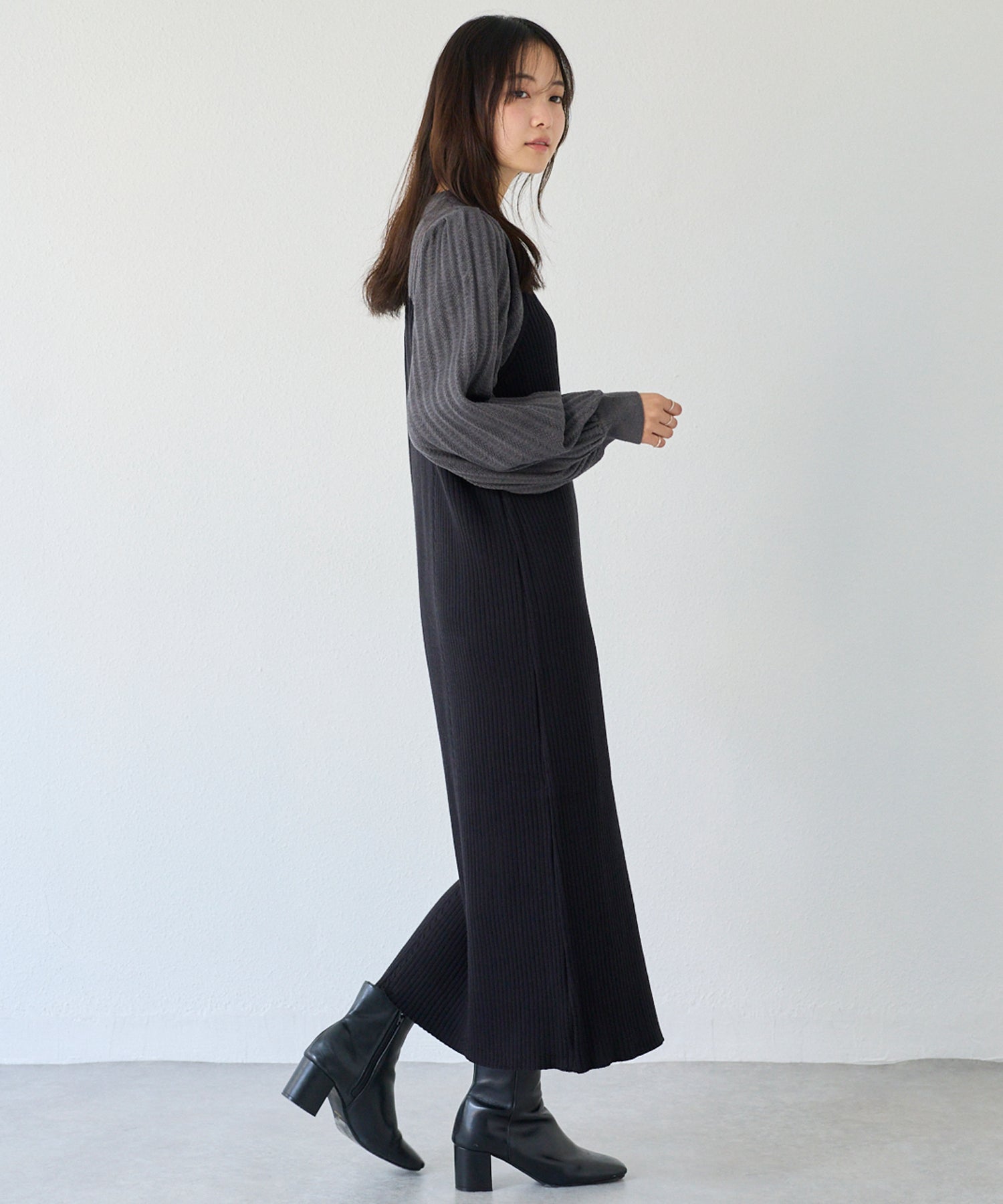 【洗える】透かし編み切替ニットワンピース