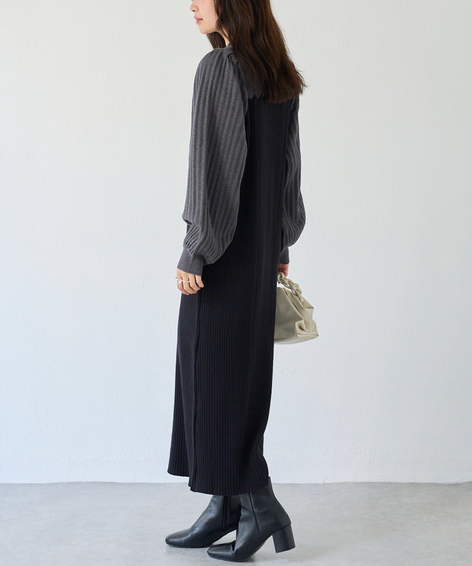 【洗える】透かし編み切替ニットワンピース