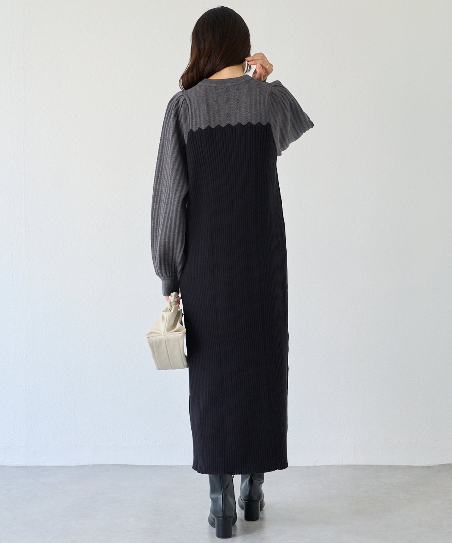 【洗える】透かし編み切替ニットワンピース