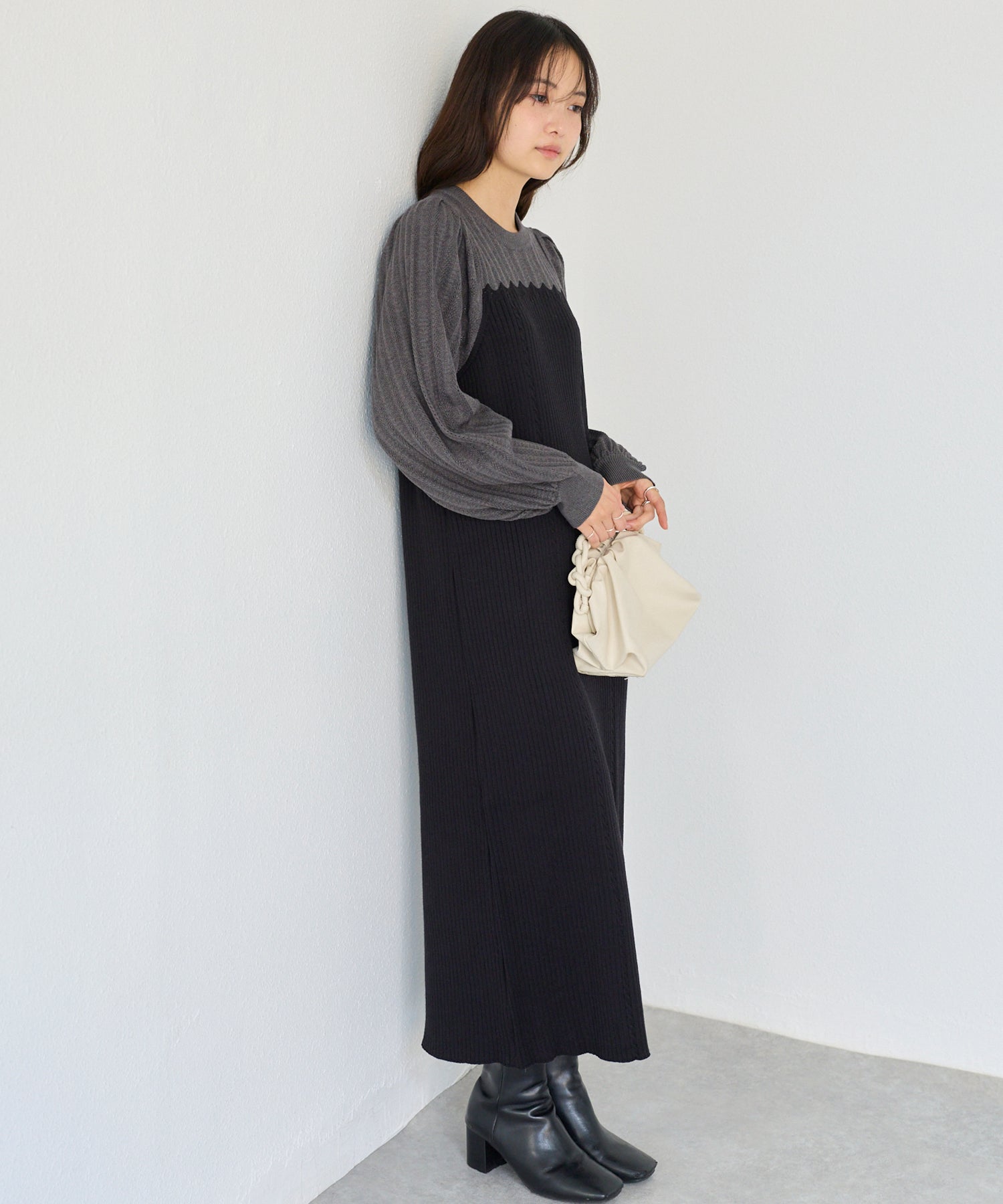 【洗える】透かし編み切替ニットワンピース