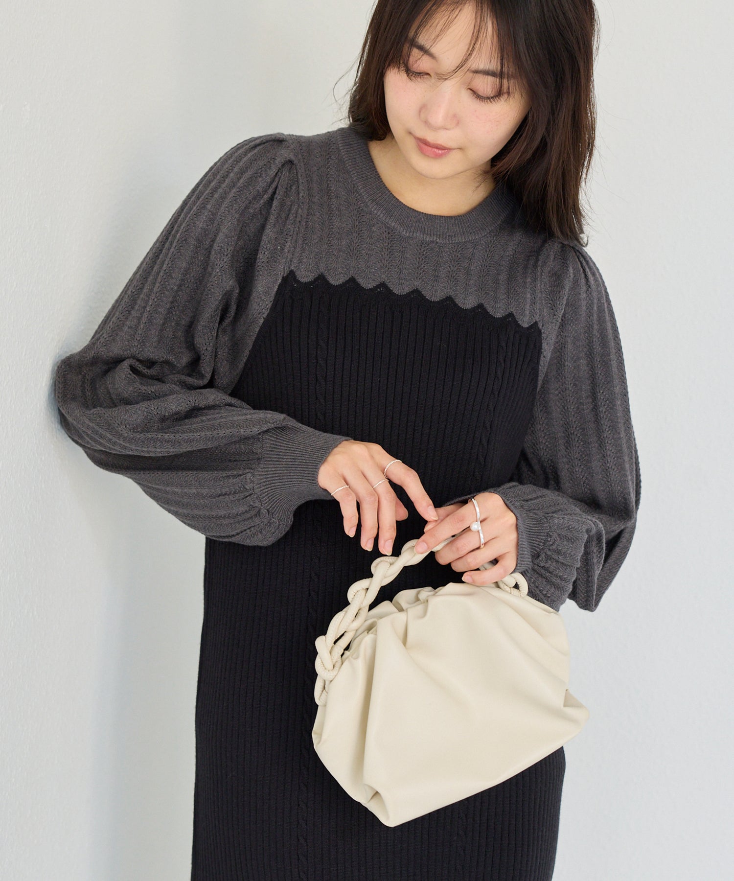 【洗える】透かし編み切替ニットワンピース