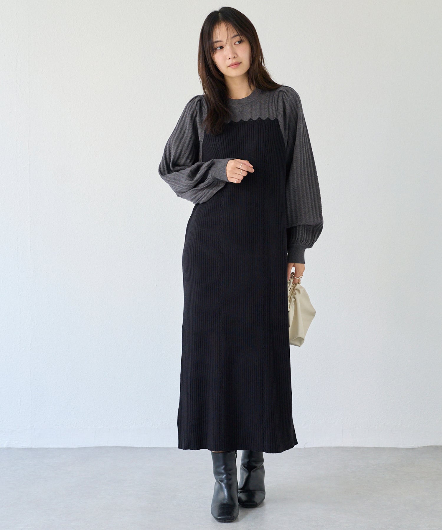 【洗える】透かし編み切替ニットワンピース