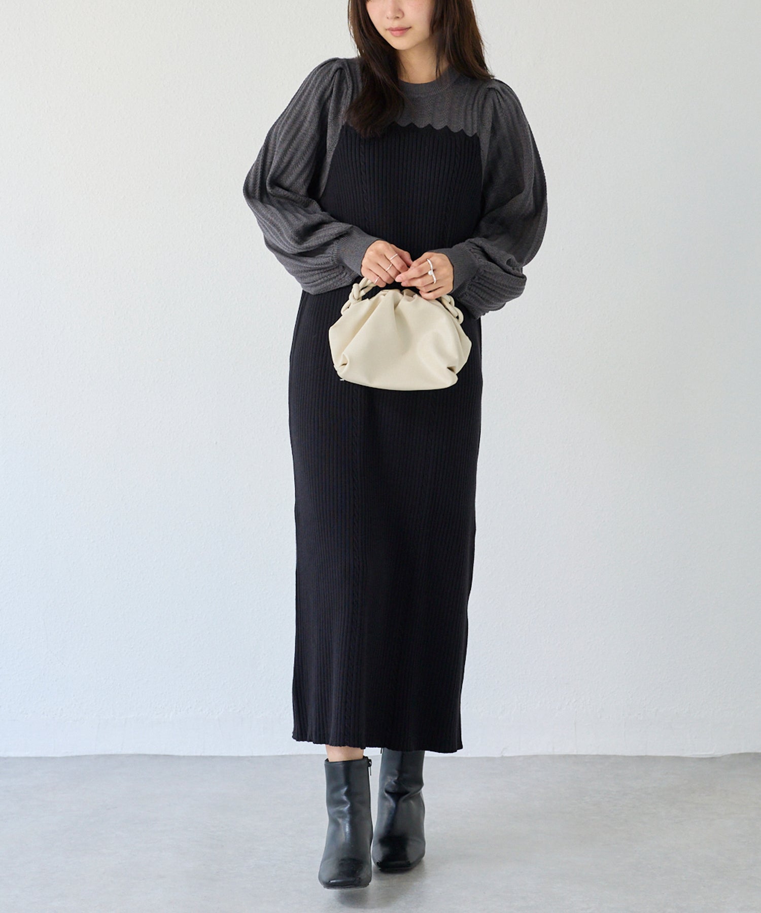 【洗える】透かし編み切替ニットワンピース