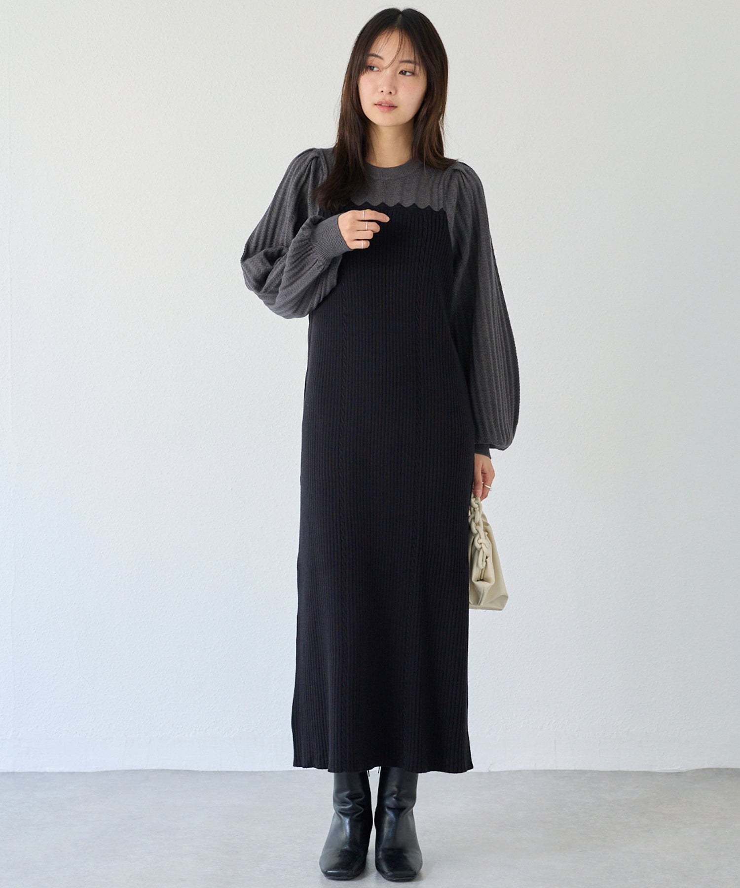 【洗える】透かし編み切替ニットワンピース