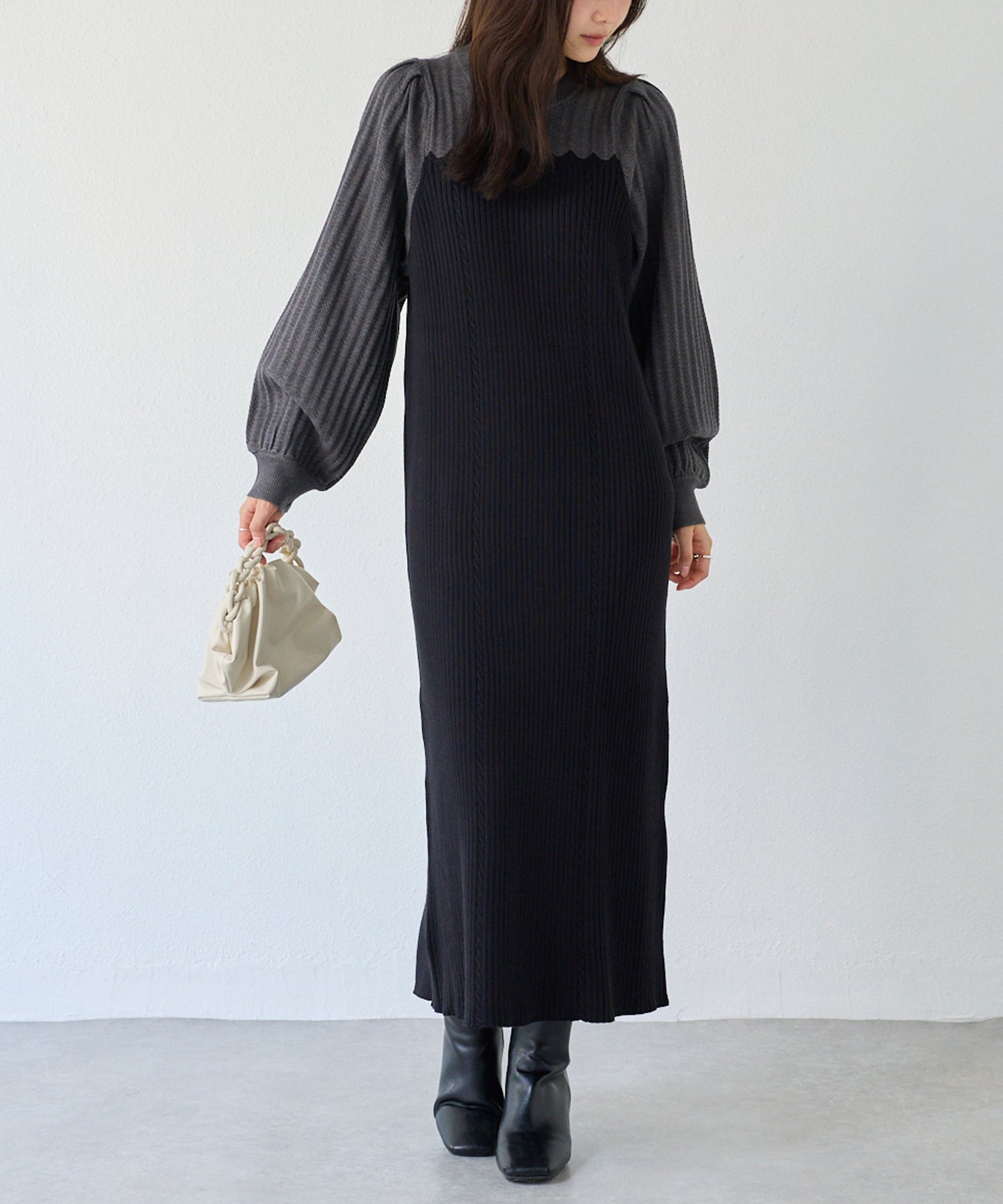 【洗える】透かし編み切替ニットワンピース