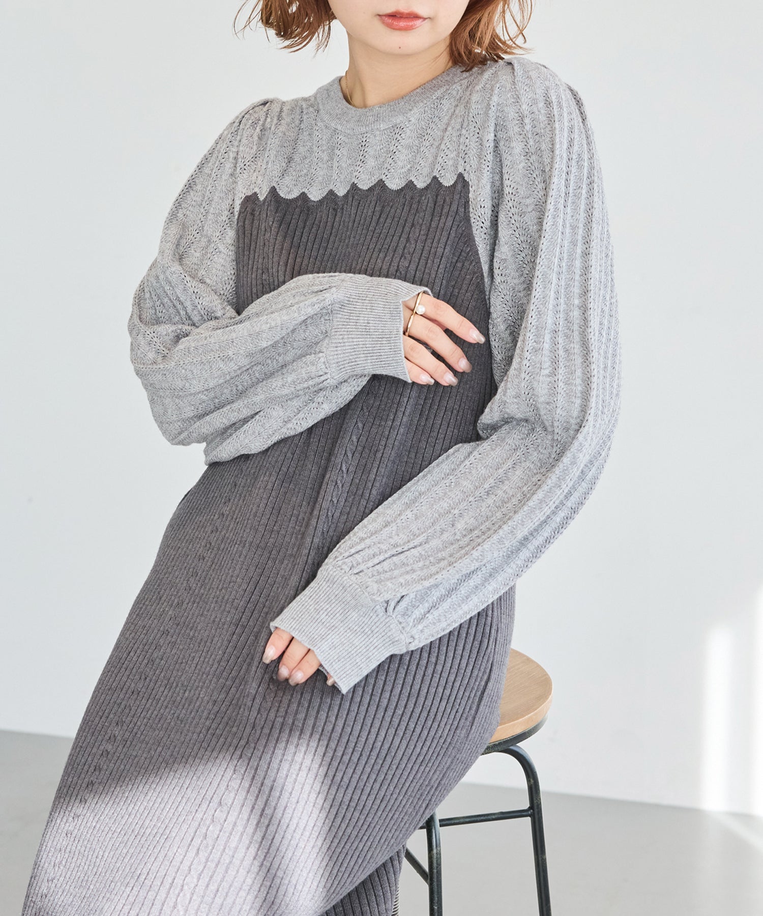 【洗える】透かし編み切替ニットワンピース