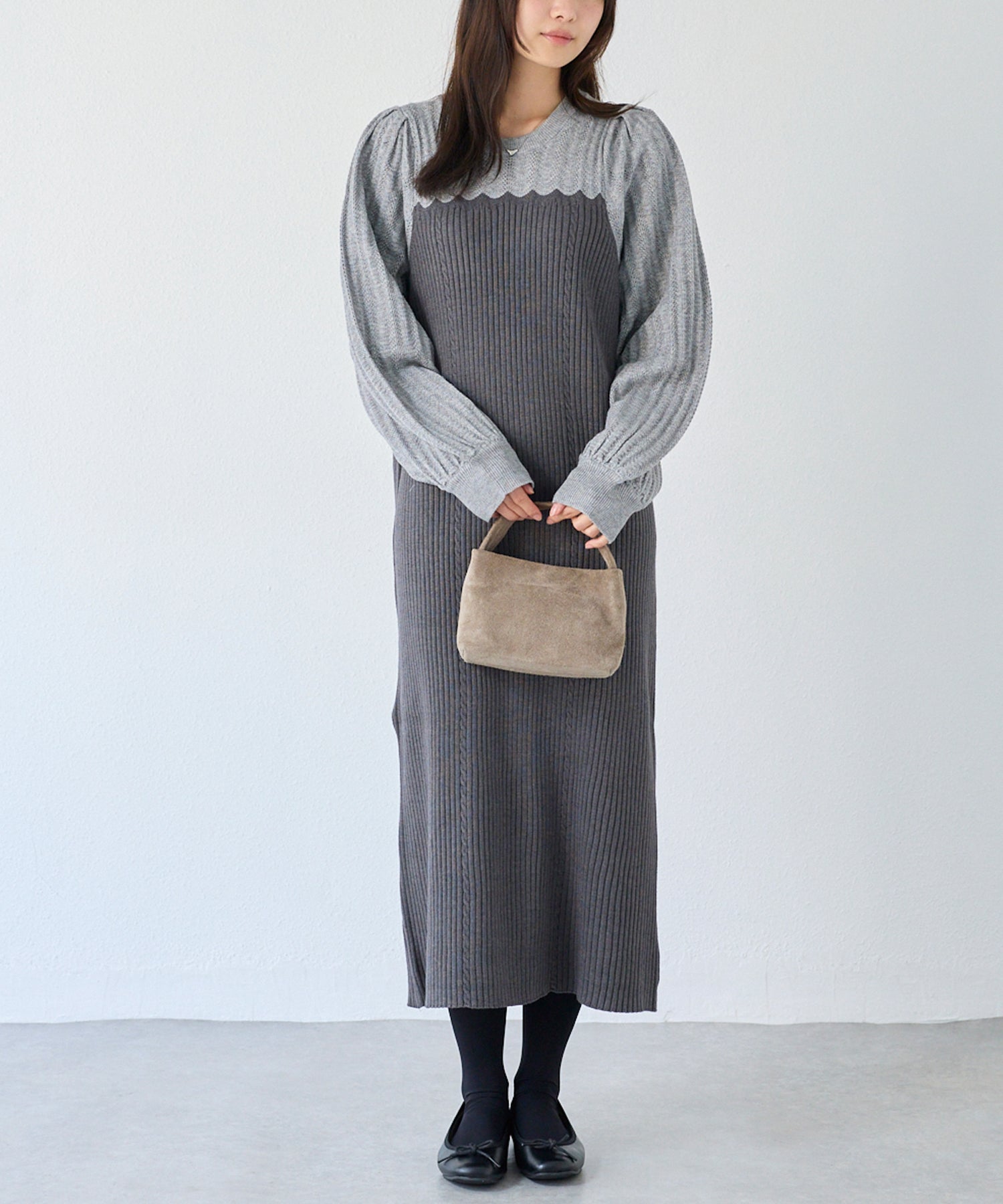 【洗える】透かし編み切替ニットワンピース