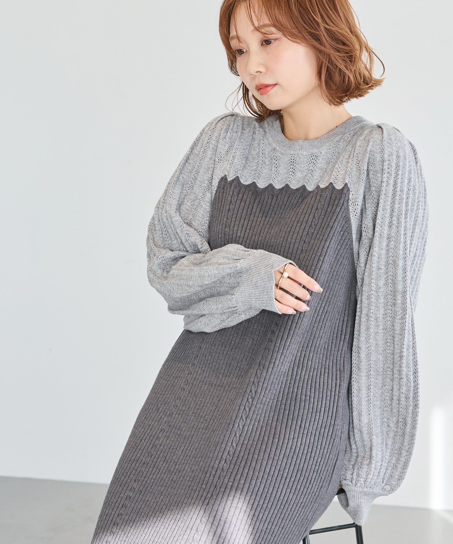 【洗える】透かし編み切替ニットワンピース