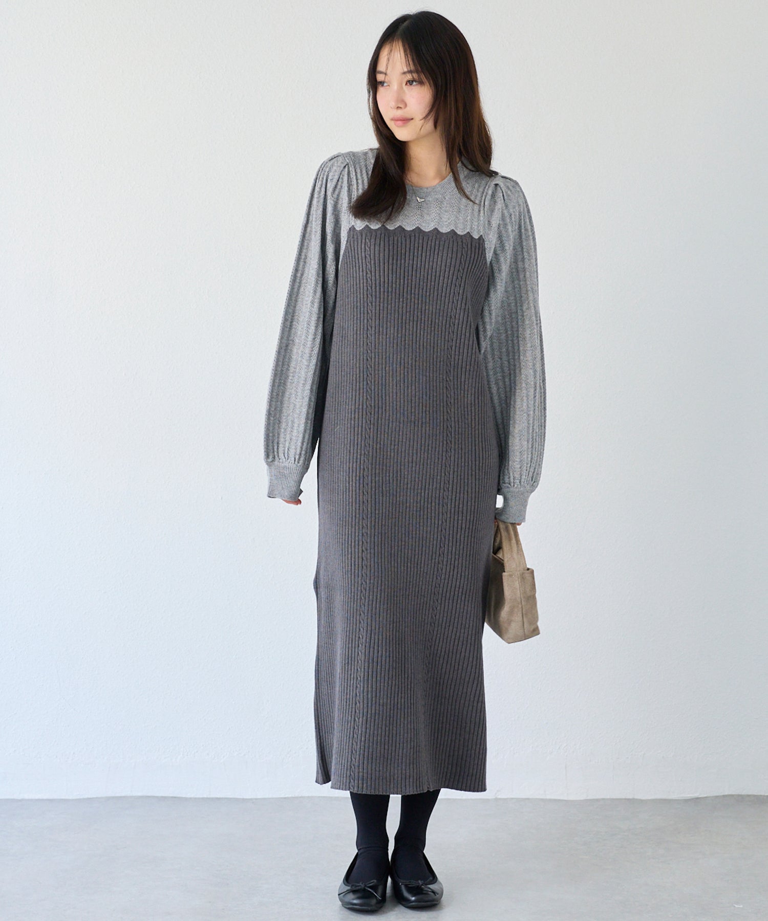 【洗える】透かし編み切替ニットワンピース