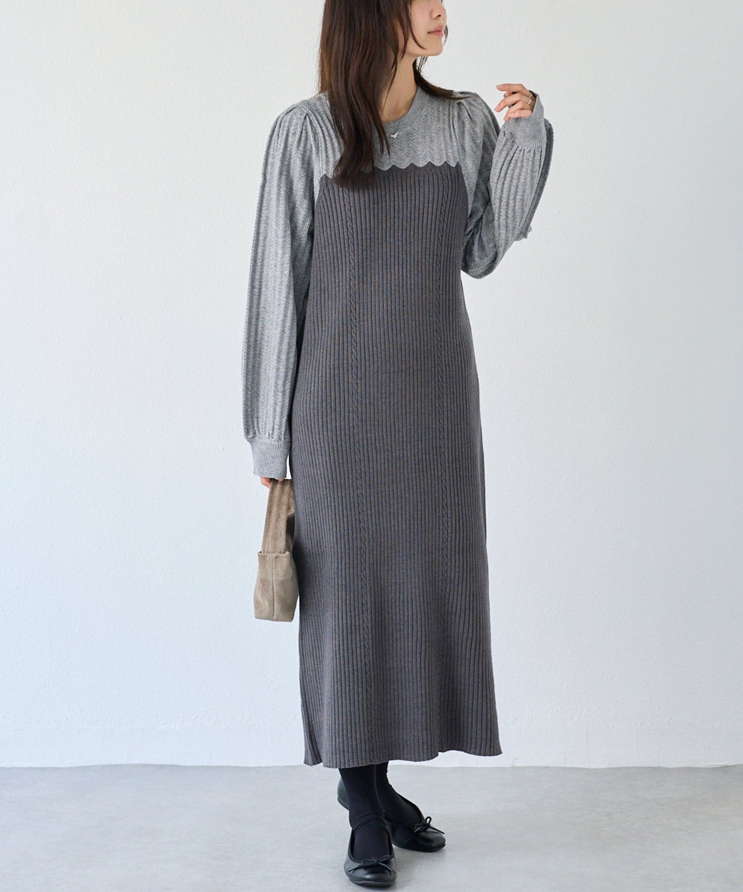 【洗える】透かし編み切替ニットワンピース