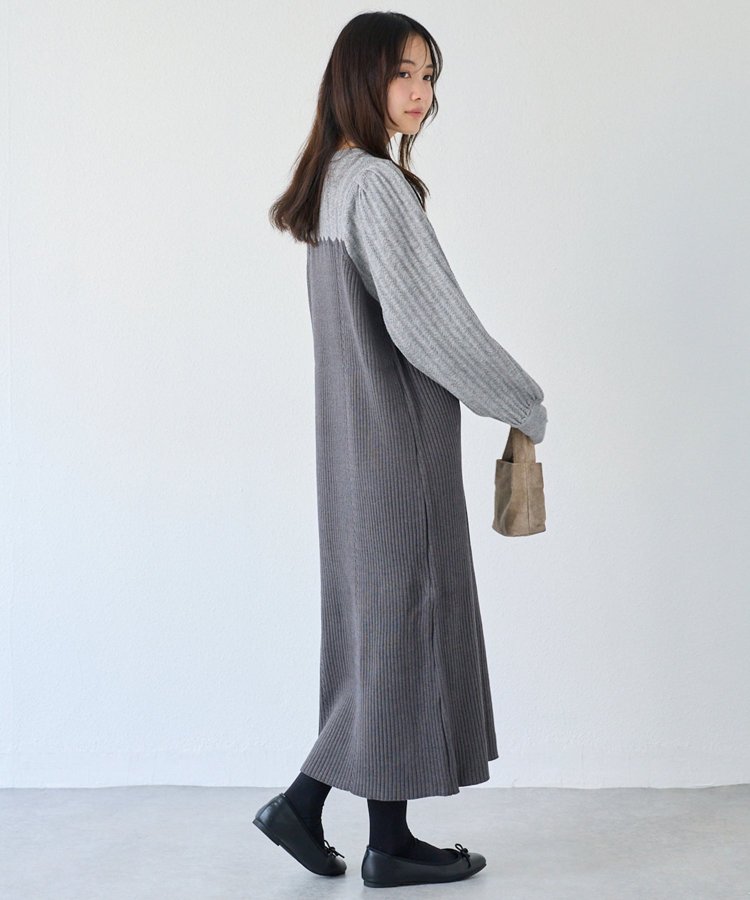 【洗える】透かし編み切替ニットワンピース