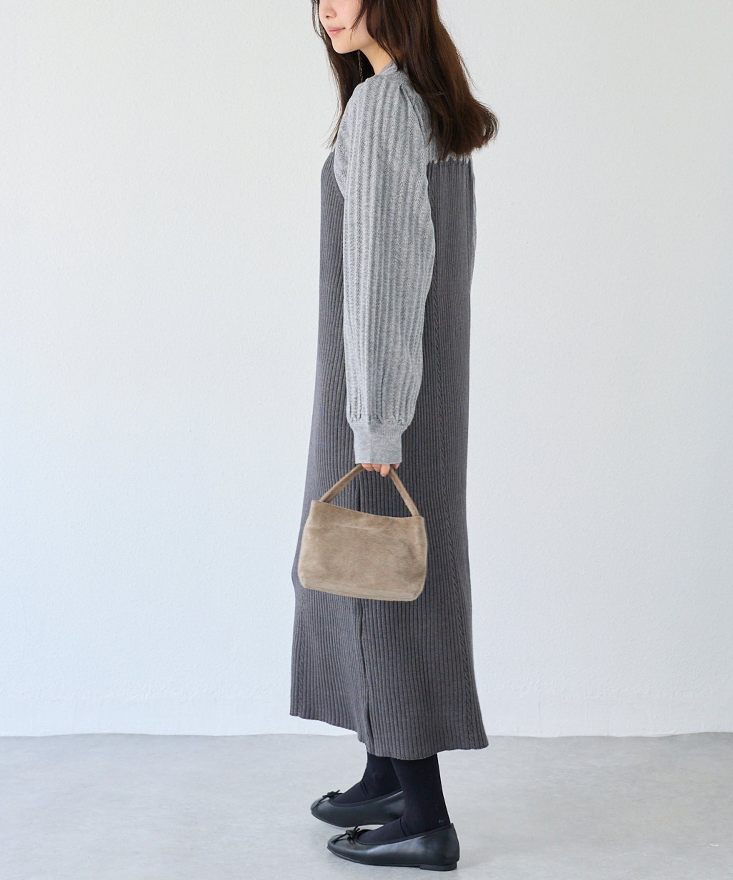 【洗える】透かし編み切替ニットワンピース