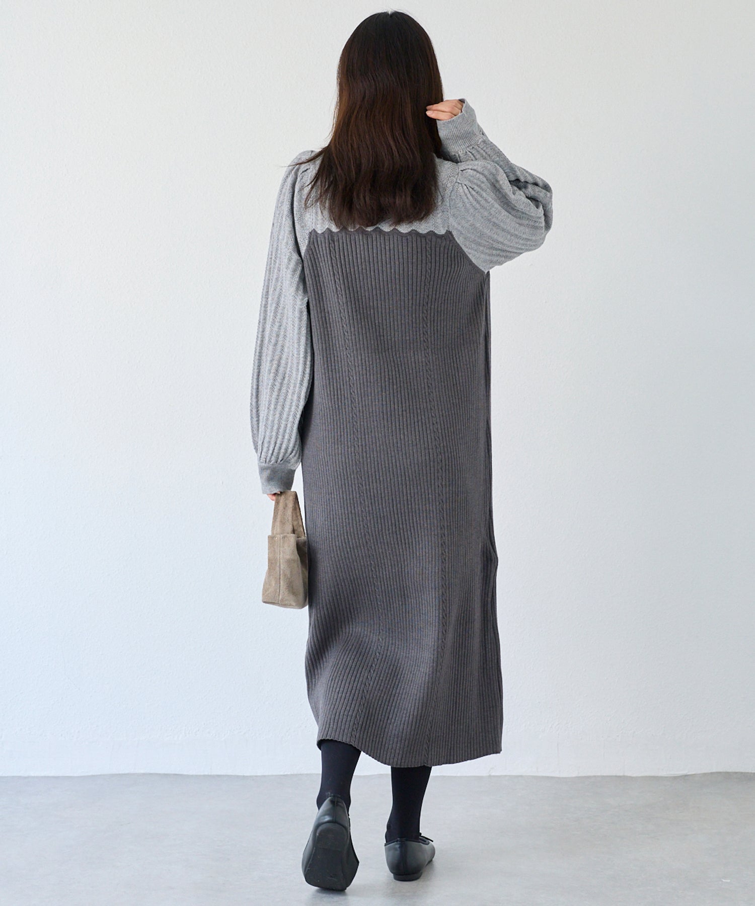 【洗える】透かし編み切替ニットワンピース