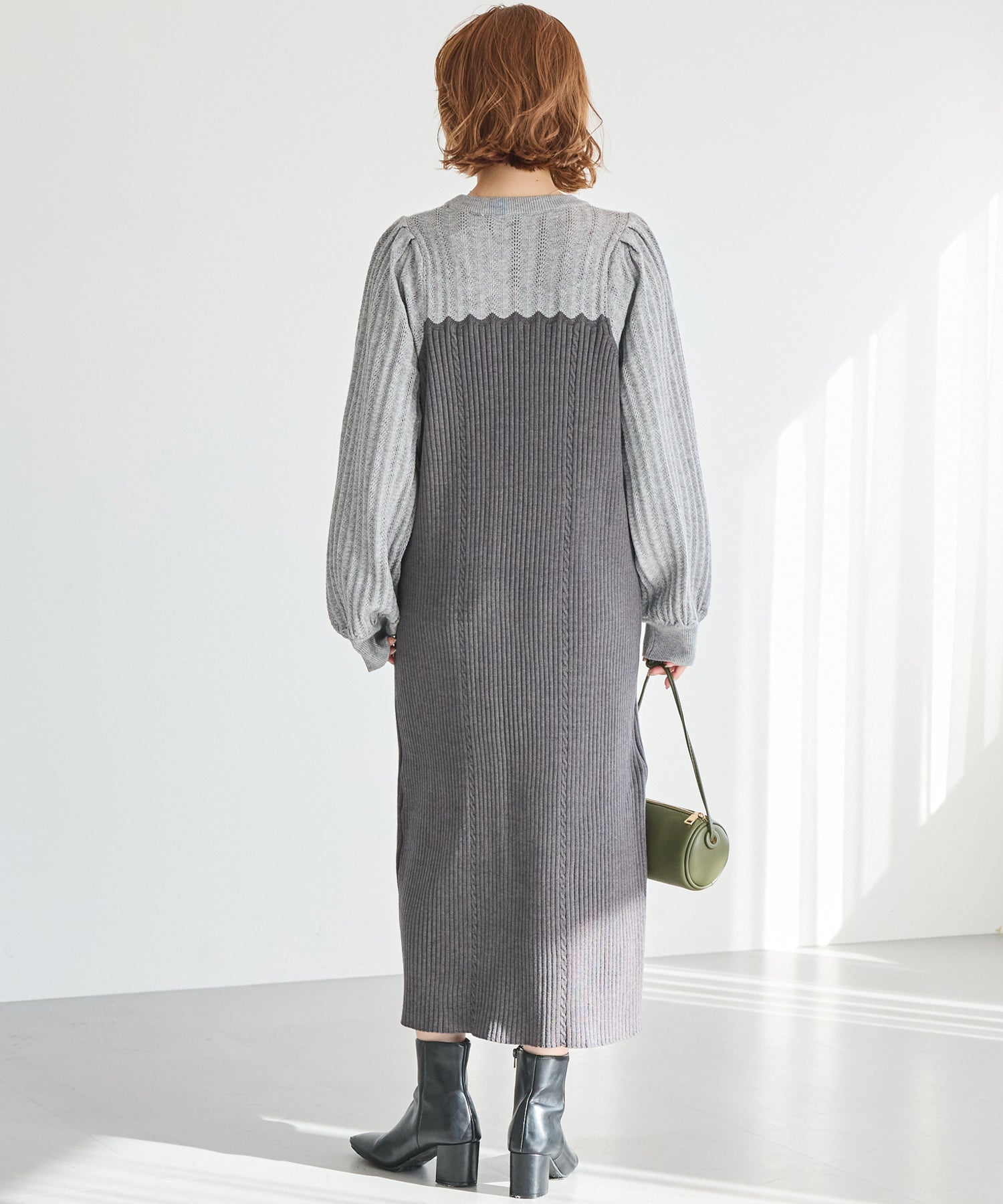 【洗える】透かし編み切替ニットワンピース