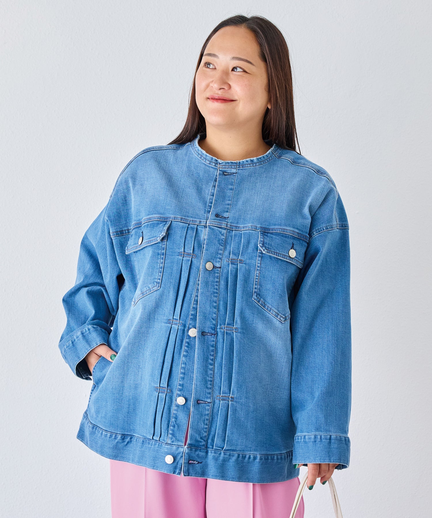 ノーカラーデニムジャケット | ラビアンジェ-⼤きいサイズのレディース服