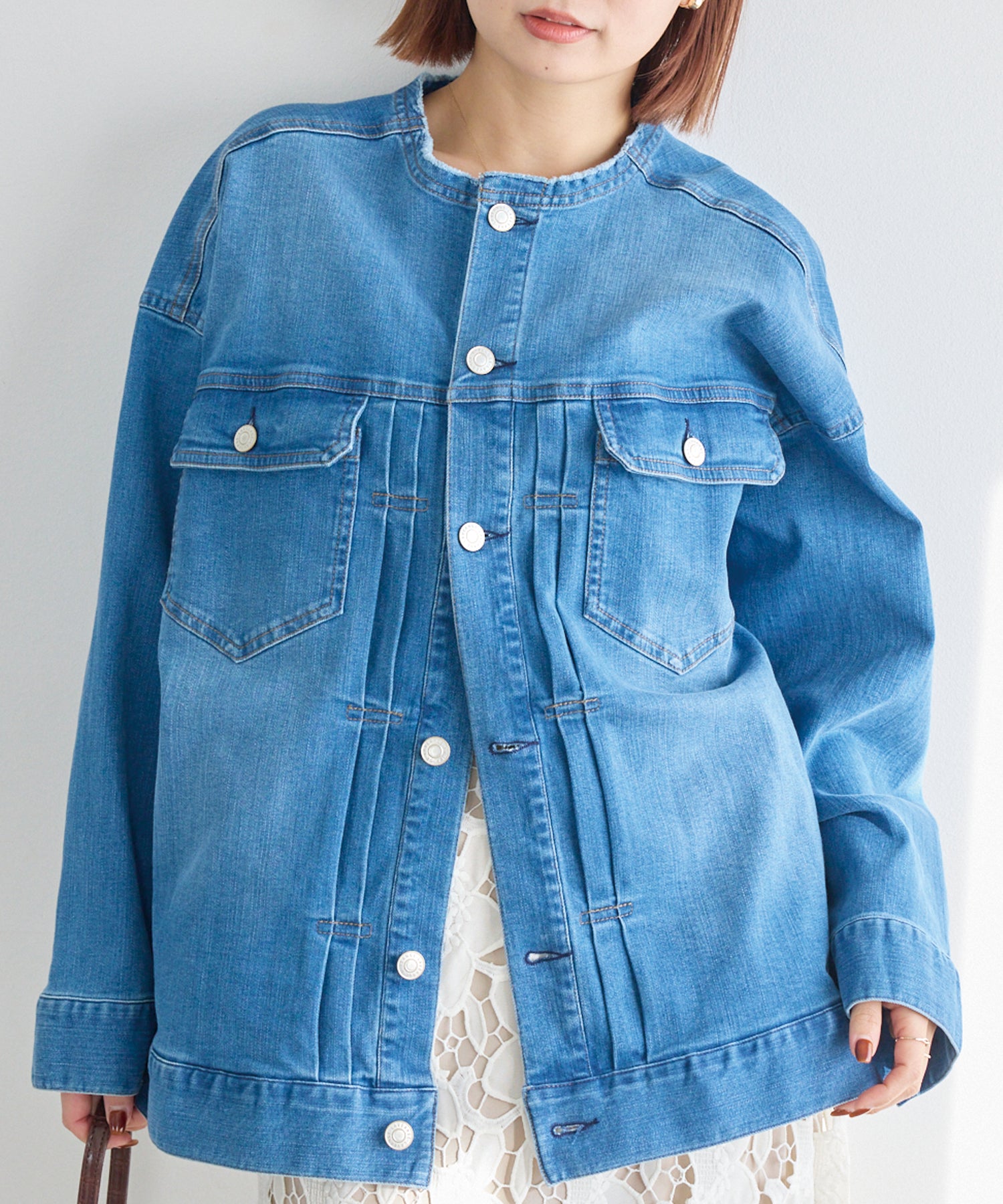 ノーカラーデニムジャケット | ラビアンジェ-⼤きいサイズのレディース服