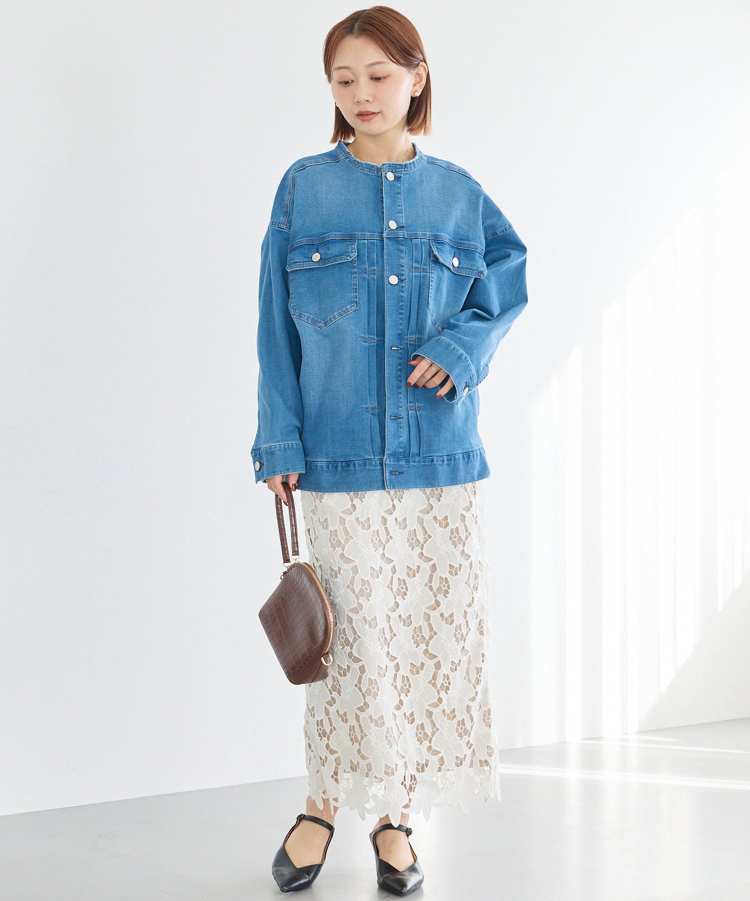 ノーカラーデニムジャケット | ラビアンジェ-⼤きいサイズのレディース服