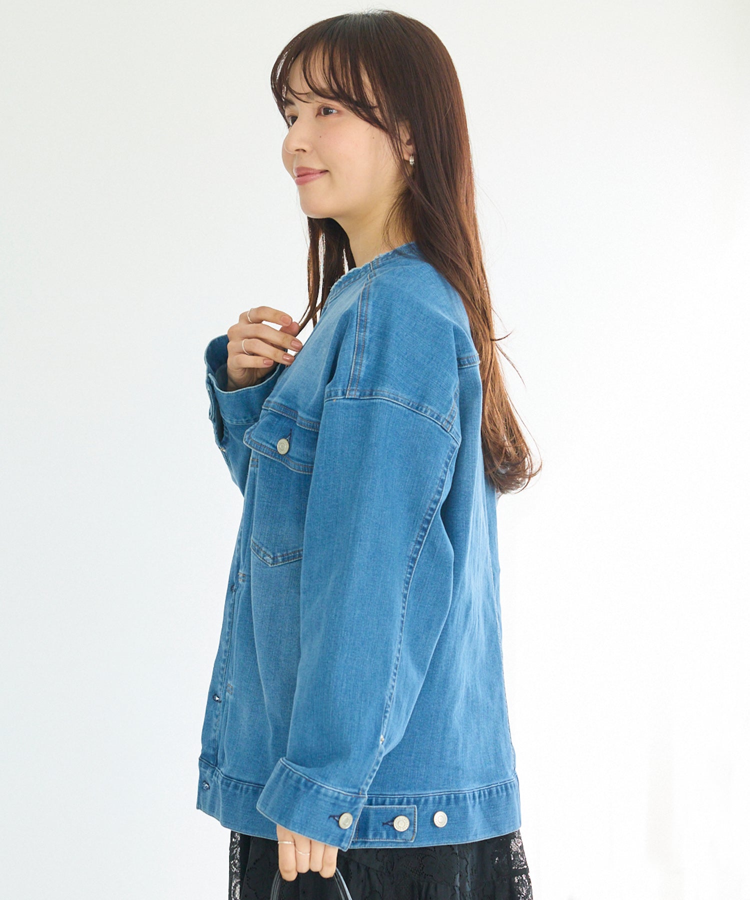 ノーカラーデニムジャケット | ラビアンジェ-⼤きいサイズのレディース服
