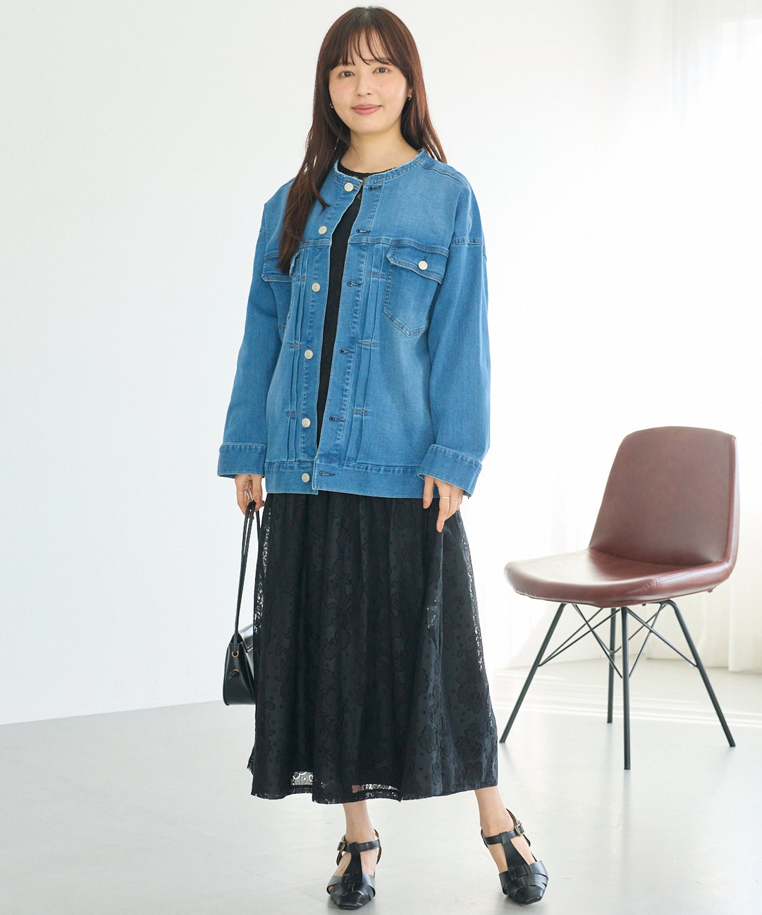 ノーカラーデニムジャケット