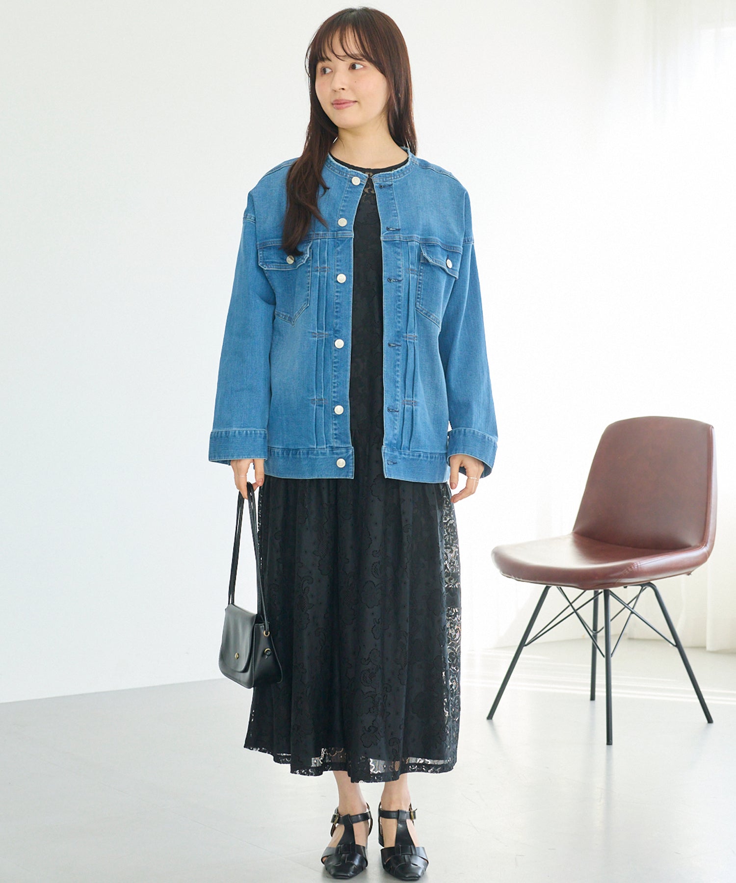 ノーカラーデニムジャケット