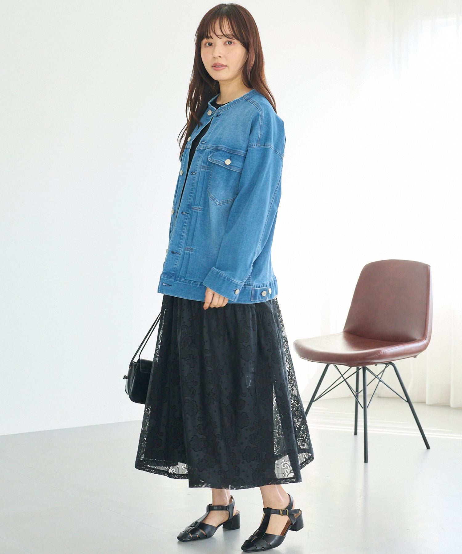 ノーカラーデニムジャケット | ラビアンジェ-⼤きいサイズのレディース服