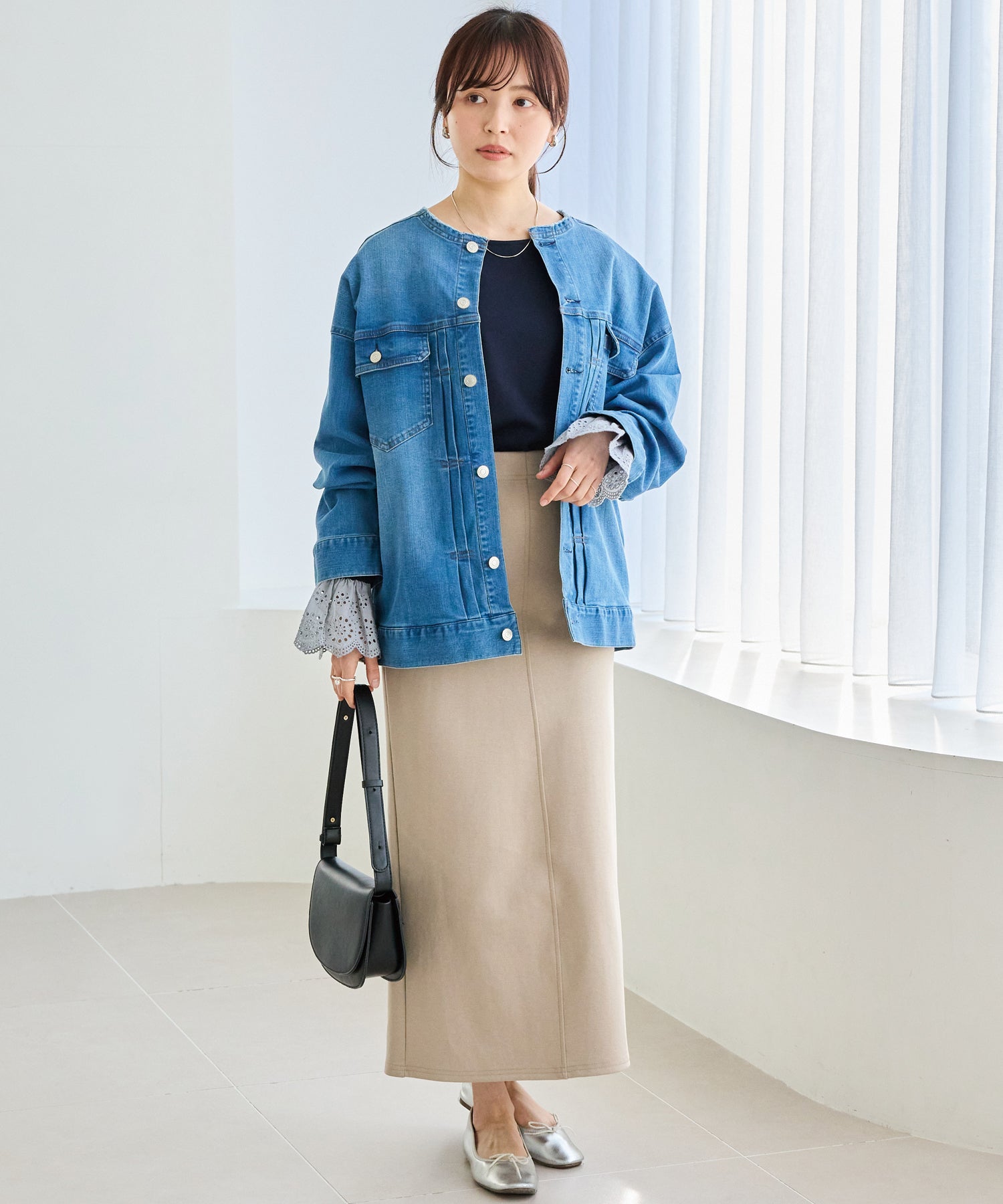 ノーカラーデニムジャケット