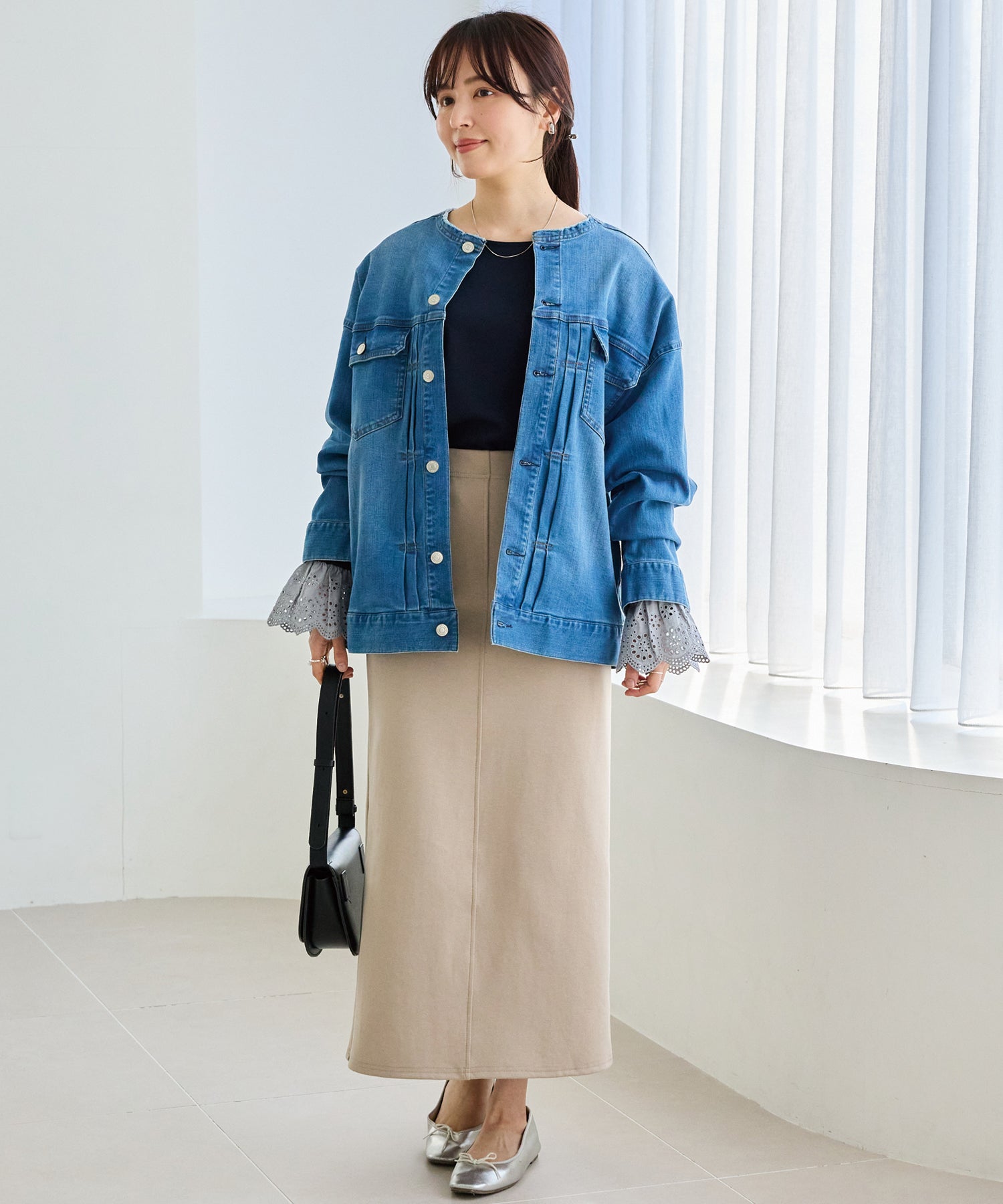 ノーカラーデニムジャケット