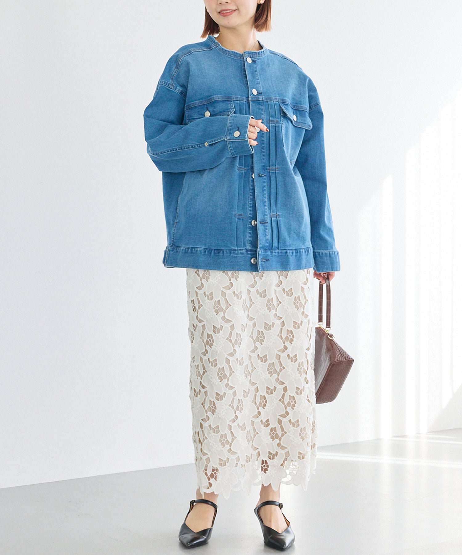 ノーカラーデニムジャケット